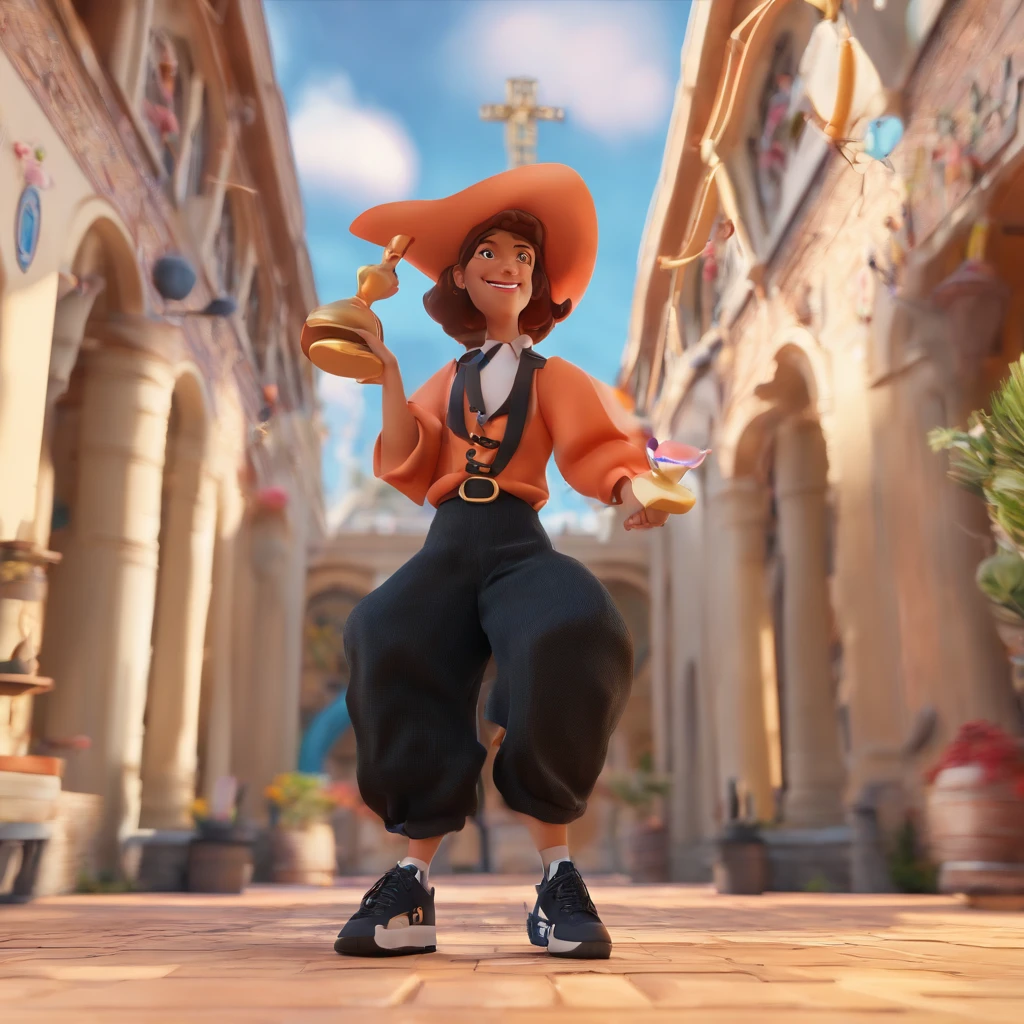 Crie um cartaz inspirado na Disney Pixar de uma garota na igreja, tocando saxofone, pele branca, cabelo preto levemente ondulados,na altura dos ombros, rosto alongado, olhos levemente puxados, cintura e busto mais avantajados, usando saia midi preta, black maanga three-quarter blouse, Ray-Ban prescription glasses and All Star sneakers