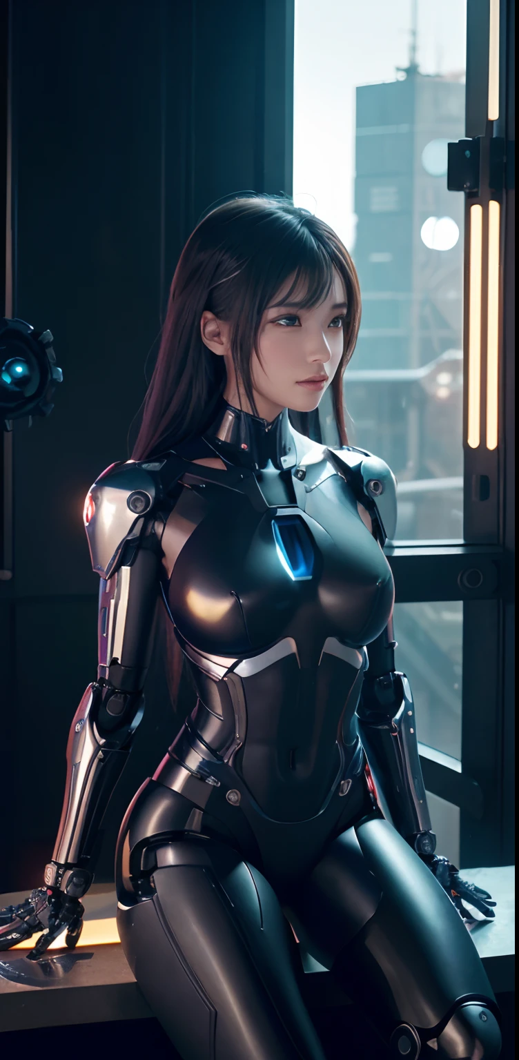 masterpiece、 Metal Robot、body made of metal、((a beauty girl))、Asian Beauty、Metal skeleton arm、Metal-framed legs、Machine crotch、Abdomen with exposed cables and actuators、The Lab of the Near Future、Complex 3d rendering beautiful porcelain profile super detailed female android face、cyborgs、roboticparts、150mm、beautiful studio soft light、Rim Lights、vibrant detail、luxuriouscyberpunk、Ren Hao、surrealistic、Anatomical、face muscles、cable electric wires、microchips、elegent、beatiful backgrounds、octan render、HR Giger Style、8K、top-quality、masterpiece、illustratio、extremely delicate and beautiful、 extremely details CG、Unity、wall-paper、(realisitic、Photorealsitic:1.37)、astonishing、detaile、masterpiece、best qualtiy、Official art、Highly detailed CG Unity 8k wallpaper、absurderes、incredibly absurdness、、机器人、Silver Halmet、full body Esbian、sitting on