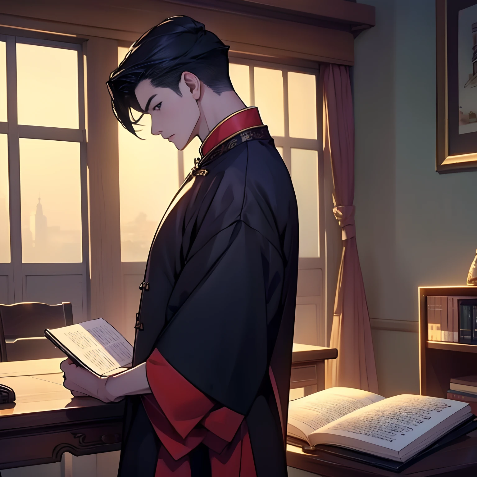 (tmasterpiece,Best quality at best:1.2),very refined,detailed back ground,The best volume lighting,The best shadow, 人物(A boy) + Character details(Age ,hairstyle short hair,The expression is serious,Action sits at the desk and reads a book、The expression is solemn,Clothes: Chinese clothes) + Scenes(study room) + angle of view(frontage,Overlooking、Faraway view) + Picture quality words(high qulity,8k,Bright colors)