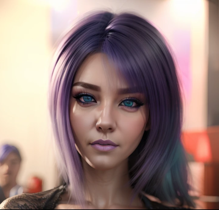 (best quality,4k,highres,photo-realistic:1.2),ultra-detailed,blueish-purple hair,purple top,attractive,green eyes,cinematic realistic portrait,punk detailed,ultra-realistic face,ultra-realistic,ultra-detailed