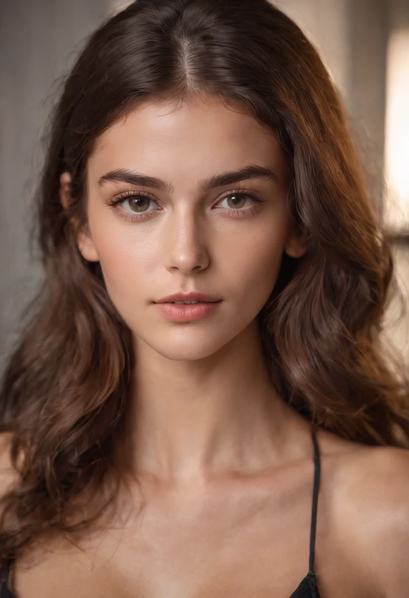 sexy woman, 20years old, Slim, Sport, shiny tanned skin, cleavage breasts, Narrow waist, curly dark hair, Kaia Gerber ,  Realistic, photografic, realisitic, natural, Gym, workout