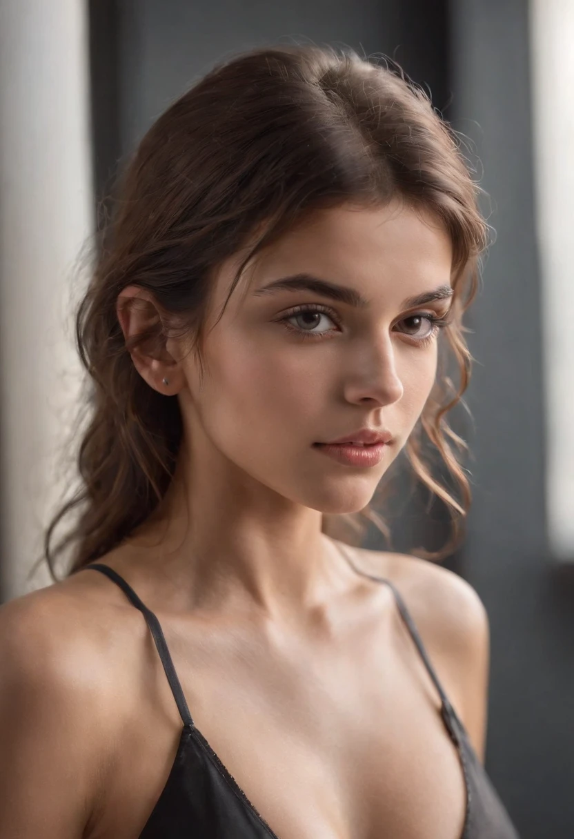 sexy woman, 20years old, Slim, Sport, shiny tanned skin, cleavage breasts, Narrow waist, curly dark hair, Kaia Gerber , Realistic, photografic, realisitic, natural, Gym, workout