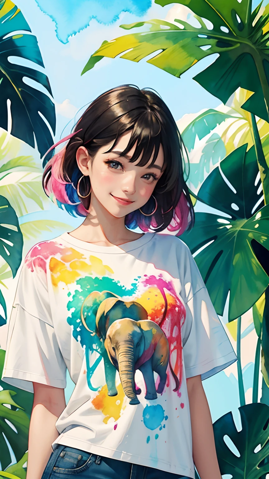 a tropical painting with elephants, splatter background, elephants design t-shirt and jeans, woman upper body centered, multi-color hair, big happy smile, watercolor art, watercolor painting, watercolor painting style, watercolor detailed art, watercolor digital painting, watercolor paint, masterfully detailed watercolor, watercolor art
