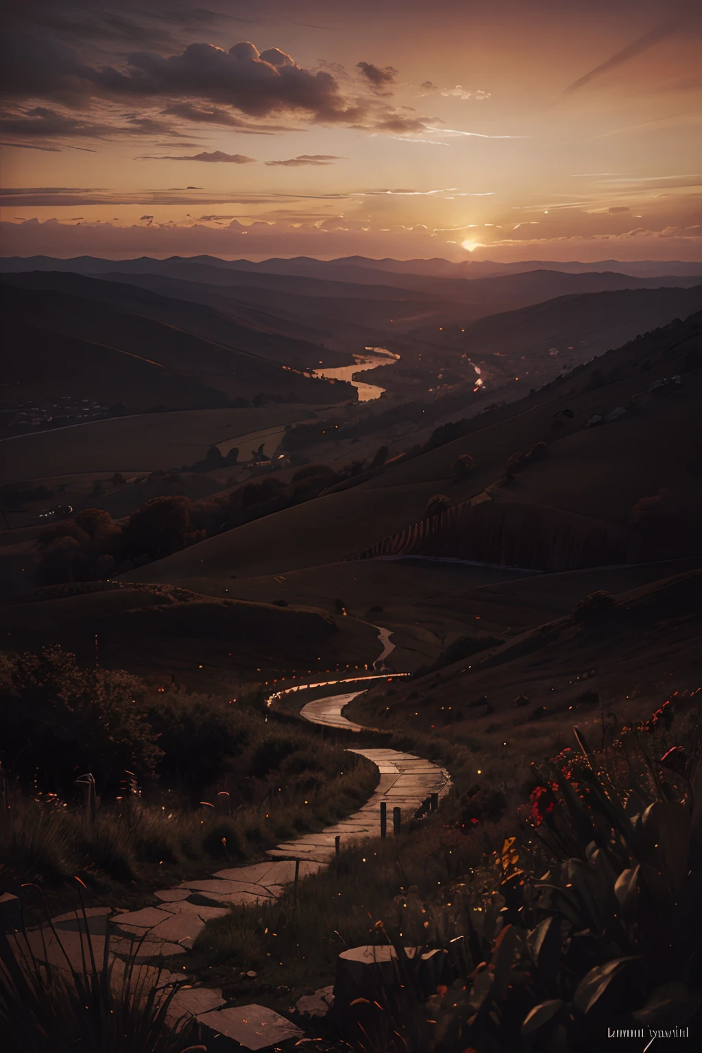 landscape, scary sunset" by kim jung gi, caspar david friedrich :: layered composition, complex composition, magnificent masterpiece, stunning, deep bright colours, intricate line-work, fear, noir