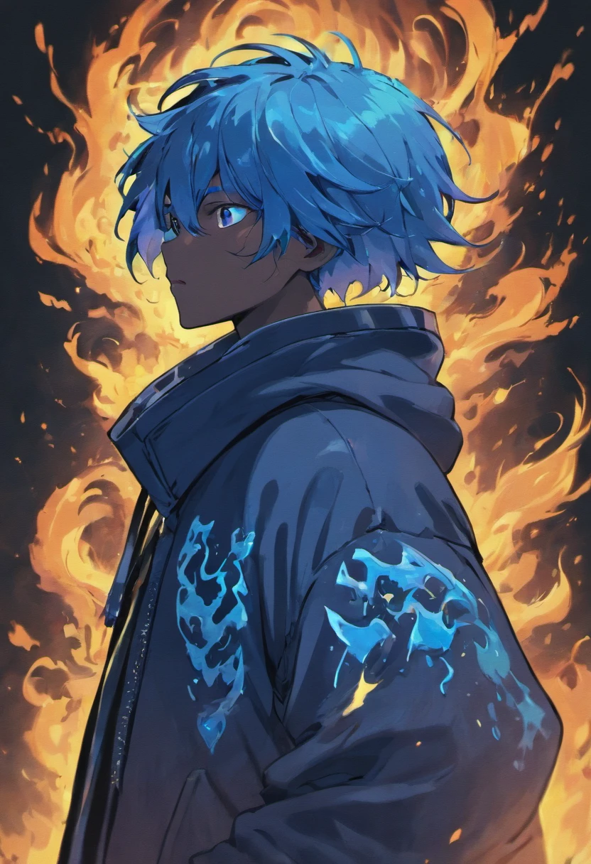 Jamaican God Of Fire In Hoodie engulfed in Blue Flames. dark skinned. face shot. bald headed.
