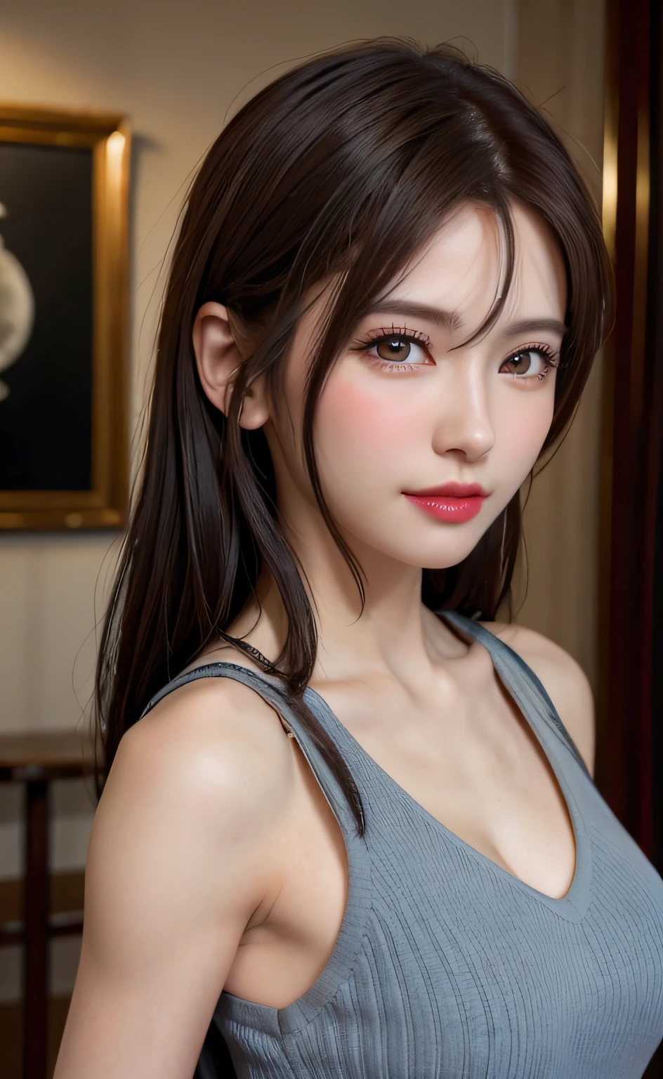 top-quality、超A high resolution、(Photorealsitic:1.4)、One Beautiful Girl、(Details Beautiful Girl:1.4)、(mideum breasts:0.8)、up looking_で_viewer、detailed face details、beatiful detailed eyes、Brown hair、mischief、Thin、haunting smile、(makeups:0.3)、red-lips、Very detailed clothes、(ulzzang -6500-v1.1:0.3)