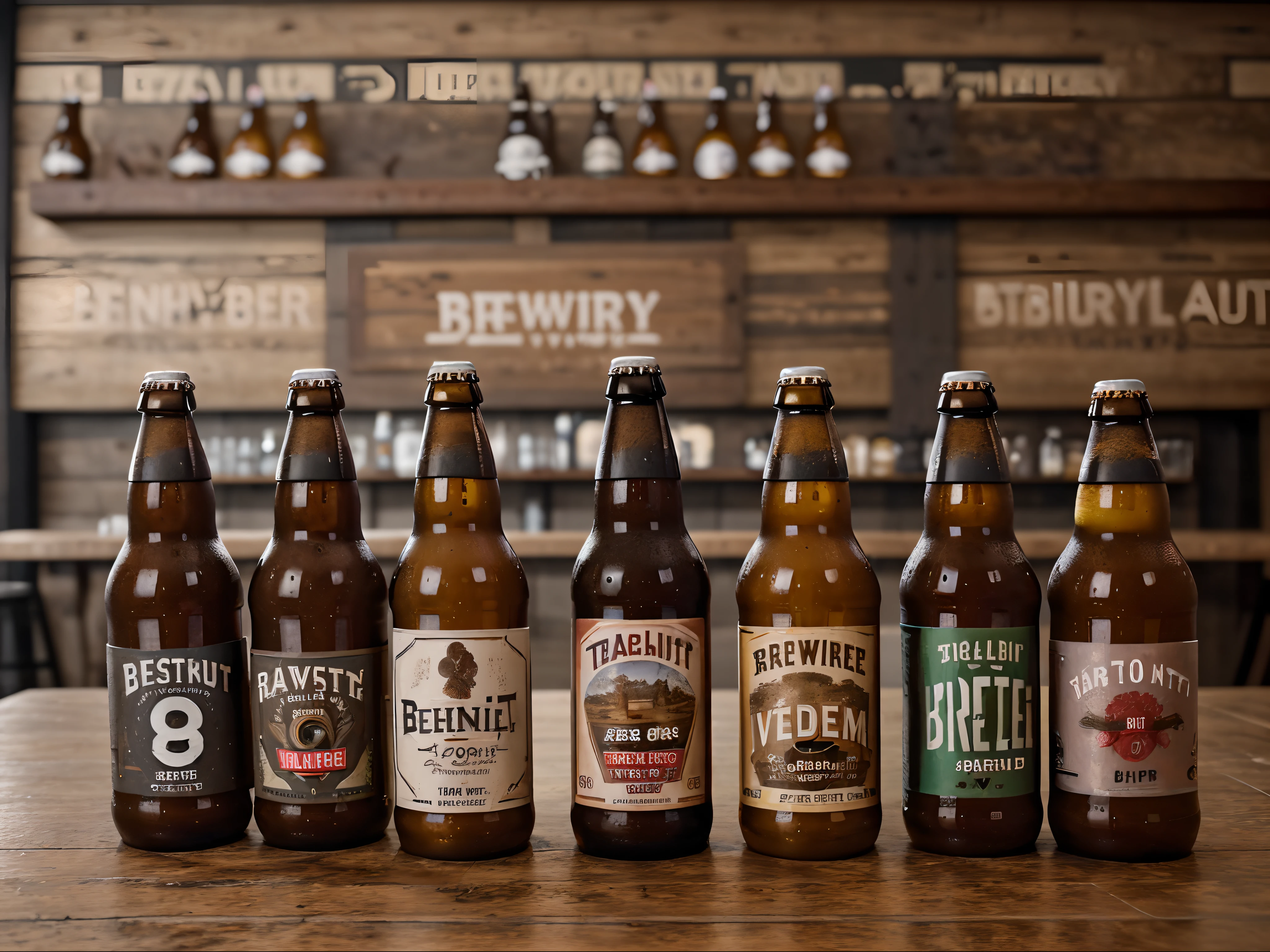 A lineup of various craft beer bottles against a rustic brewery backdrop