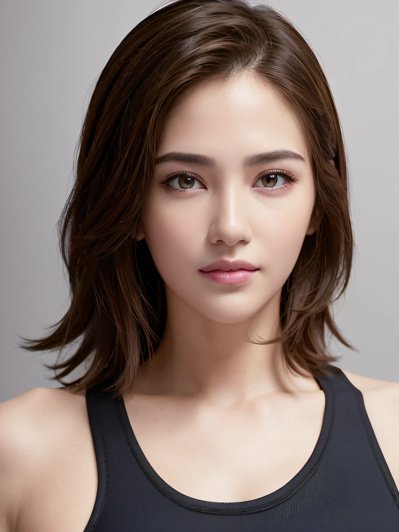 ((masterpiece、top-quality、realisitic、ultra-detailliert、hight resolution、Photorealsitic))、High contrast、High color saturation、close-up shooting、Beautuful Women、bustshot、Focus from the chest up、30-years old、Super Shorthair 、blushed face、((Normal body shape、Tall pretty woman))、 (((sports wear)))、erect through、Highly detailed facial and skin texture、A detailed eye、Look at viewers、Realistic lighting、Back lighting、Facial light、raytrace、 (Top quality real texture skins)、finely eye、finerly detailed face、close up of face、 Mood up the body line、Improve skin texture