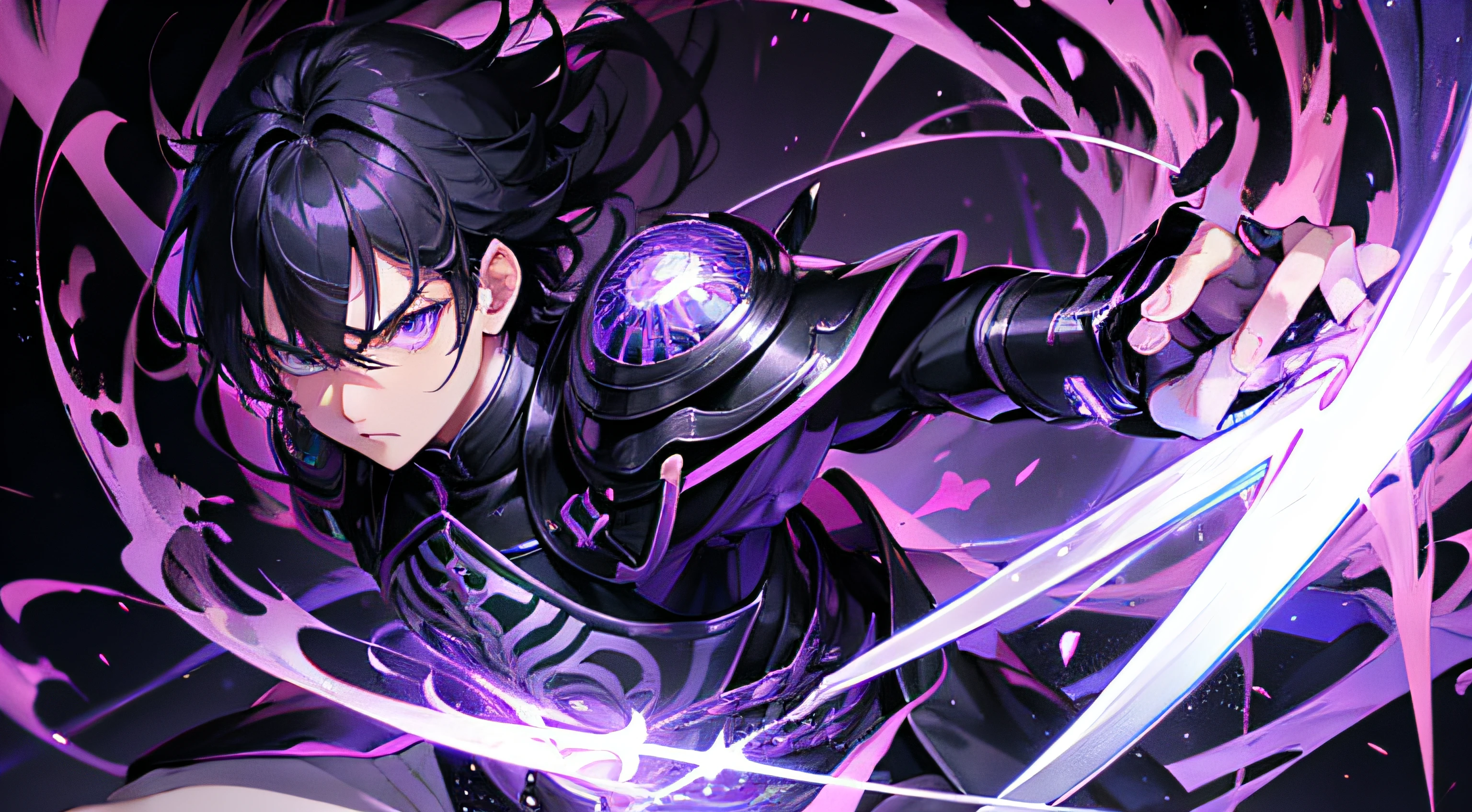 Asian anime male,ager, purple eyes , black outfit armor medieval, black hair anime asian, using magic and sword, top quality, 8k quality, handsome,cool,badass