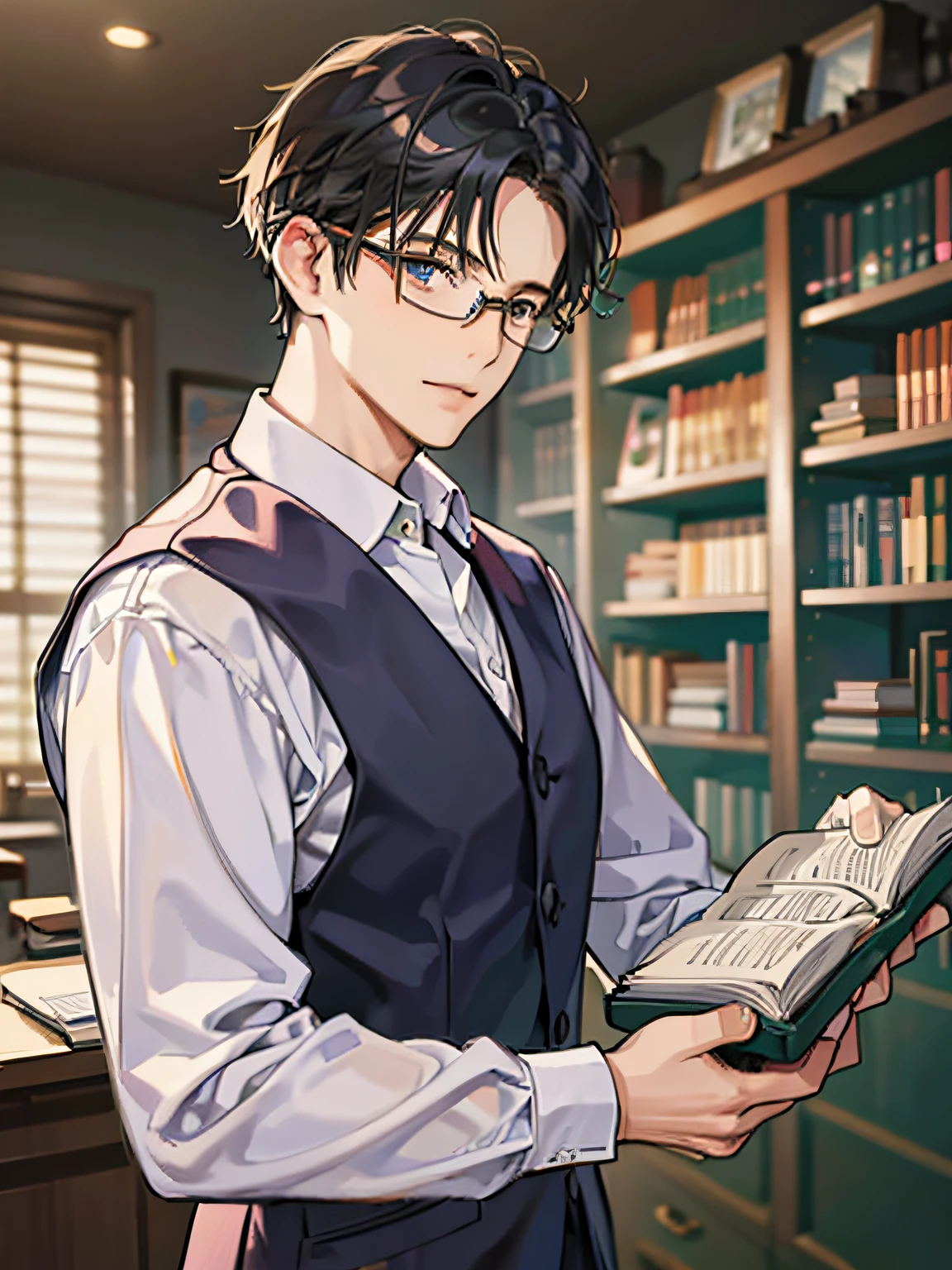 At home，A male professor in his thirties and forties with glasses，The eyes reveal a light of wisdom, Holding a thick book in his hand