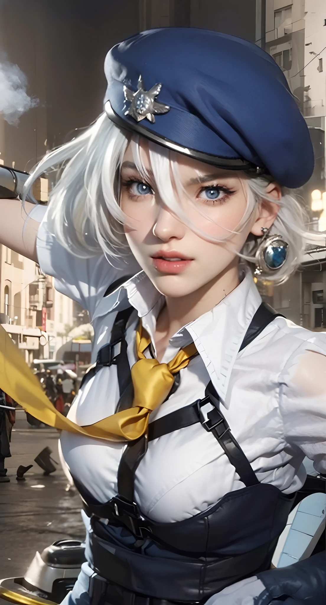 Real life adaption of this character, beauty face,looking to viewer,realistic same white hair with wearing Blue beret,realistic battlefield background with black smoke, hyper realistic, realistic light, realistic shadow, realism,(photorealistic:1.2), (realistic same outfit),(realistic same accecories) , realistic same yellow tie,realistic same gloves, realistic same belt, realistic same necklace,