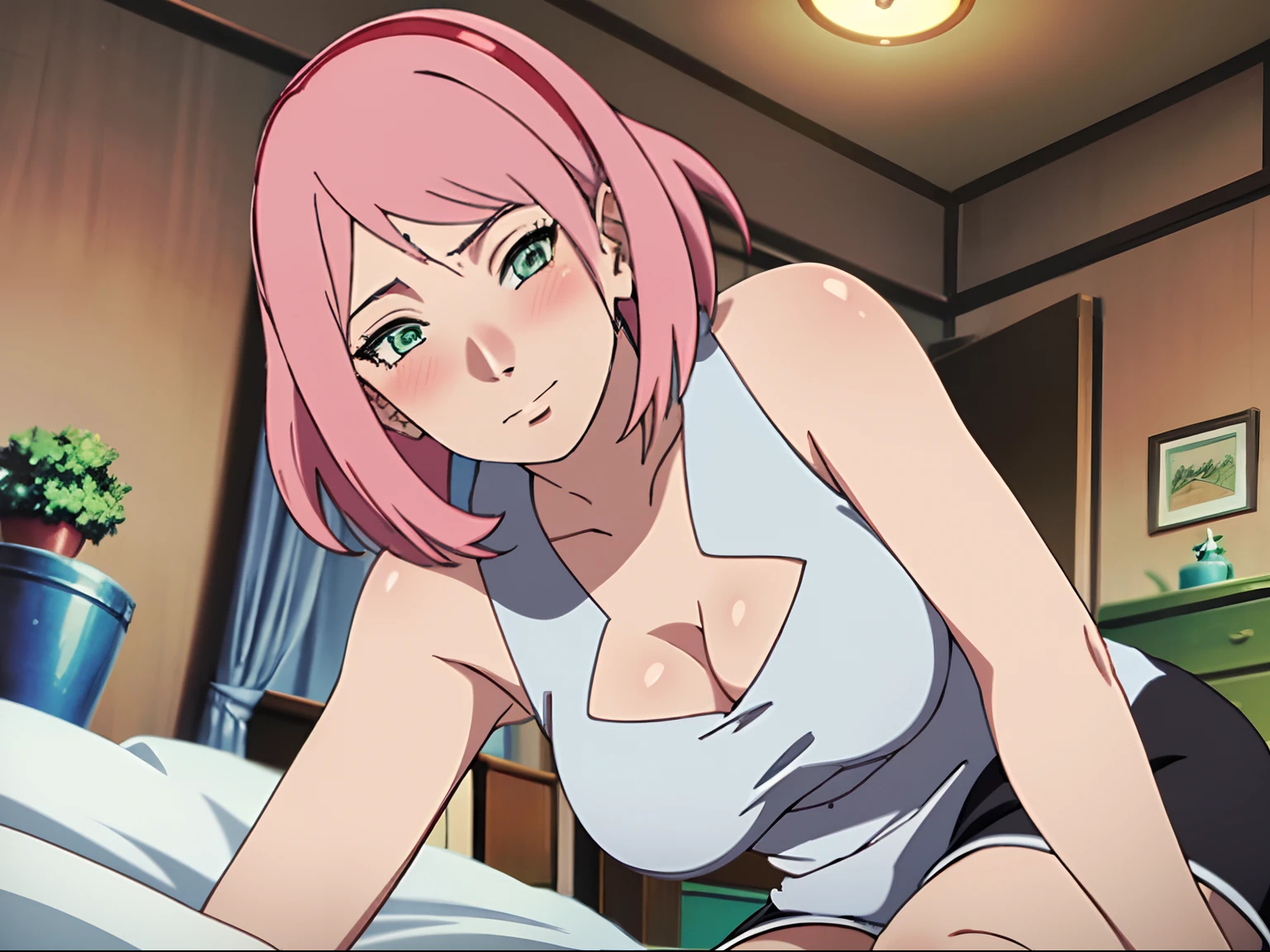 (Best quality:1.3), ,a pregirl,,Medium breasts,(( White color blouse,tiese,), cleavage, Black shorts, angle of view, Be red in the face,Blush 1.5,inside in room,Bedrooms,Show off your thighs,Particularly heavy blush,Lie down in bed,pink short hair,((Hold your legs with both hands))