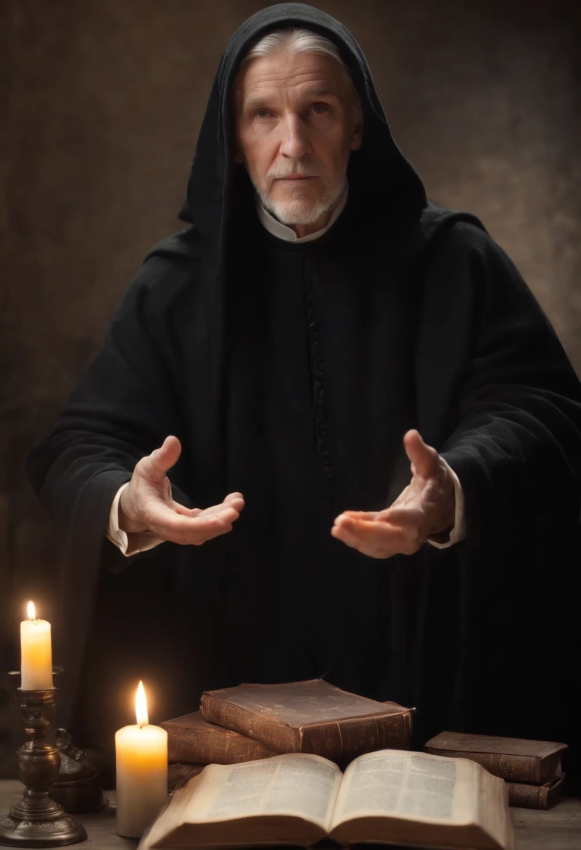 The elderly black-robed sorcerer raised his hand, Rings of magic books were scattered on the ground, Magic books and candles are placed around, 7 mirrors at different angles directly above, Dark photograph, vision, depth of fields, God Light, film grains, optical illusion, vignetted, renaissance, Pre-Raphaelite Brotherhood, high details，Backshadow