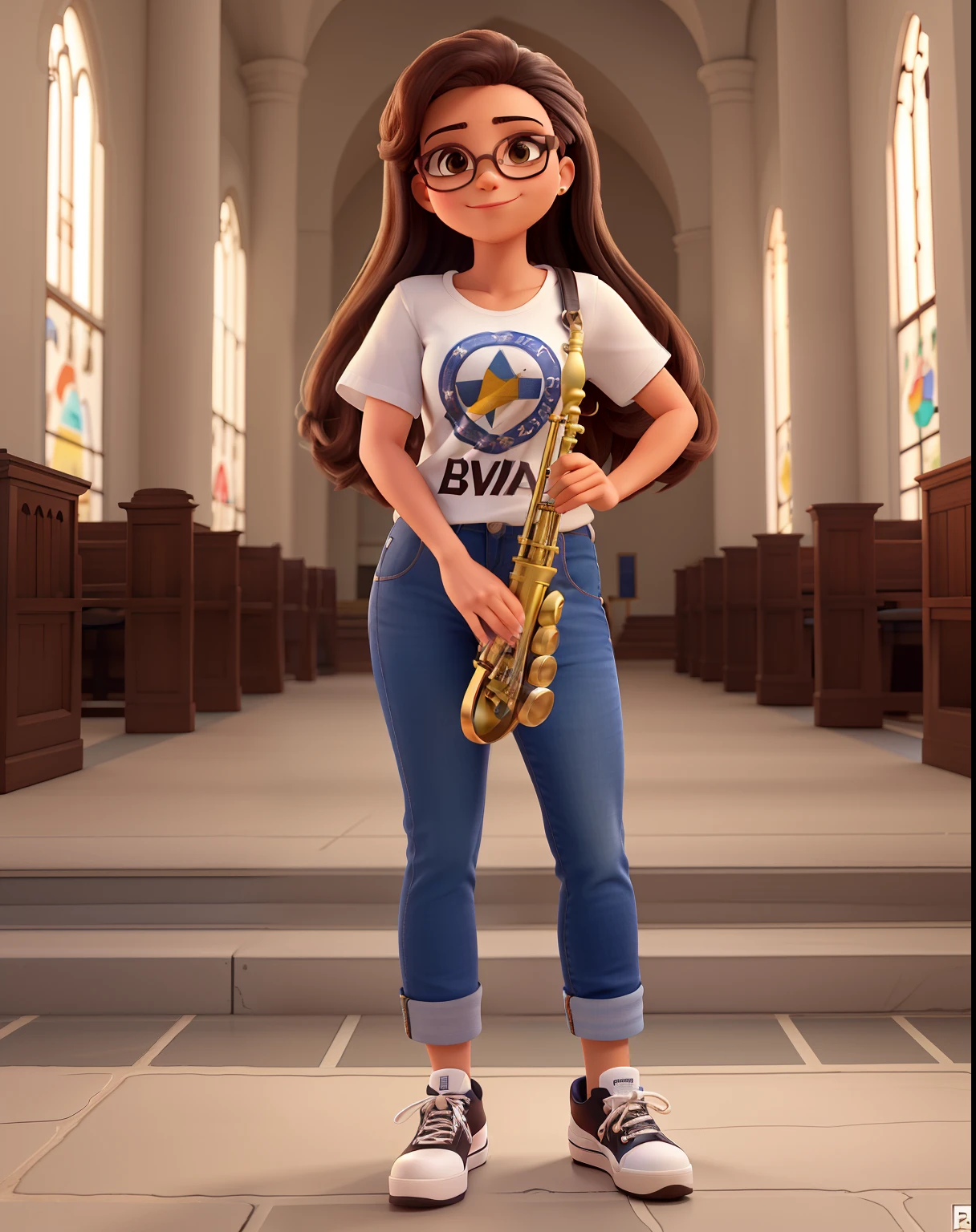 Mulher na igreja, tocando saxofone, pele branca, cabelos pretos levemente ondulados, na altura dos ombros, rosto comprido, olhos levemente puxados, usando saia midi preta, blusa preta, Ray-Ban prescription glasses and All Star sneakers