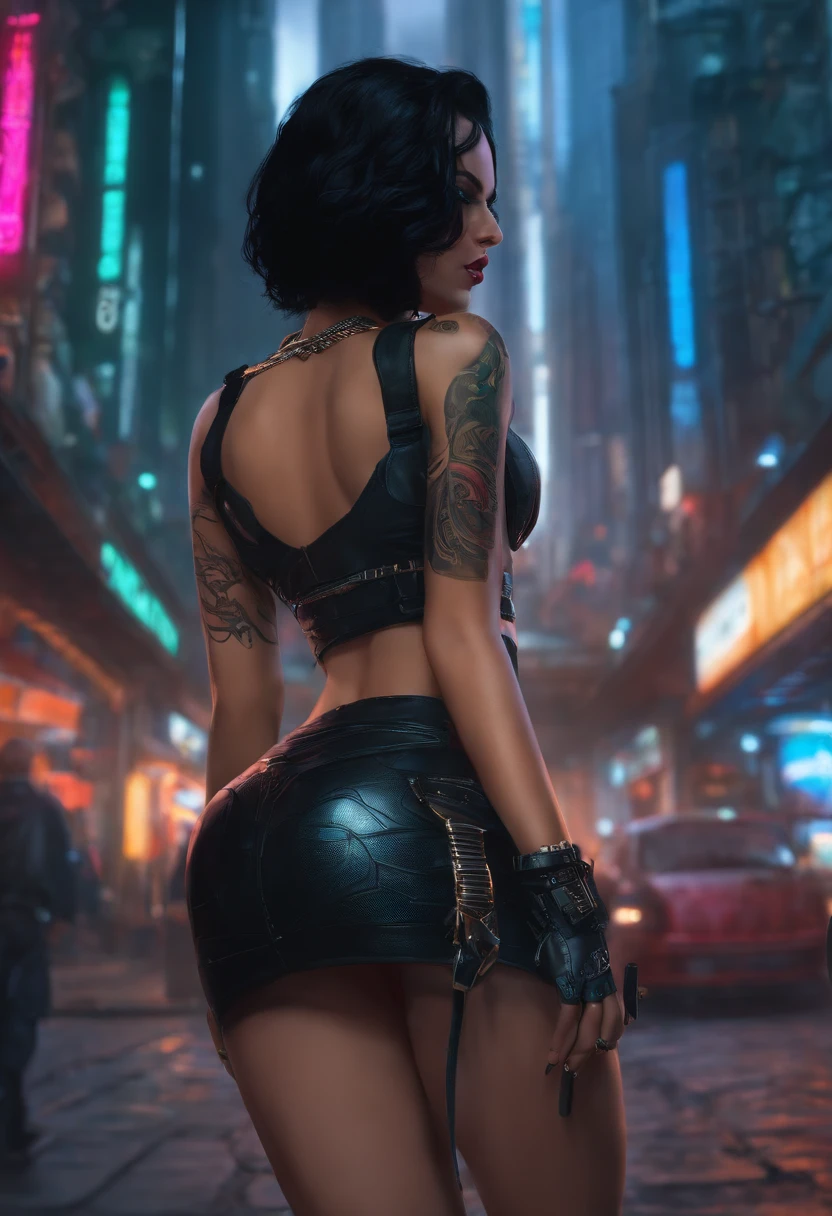 big ass cyberpunk girl with black hair ,big boobs , mini skirt