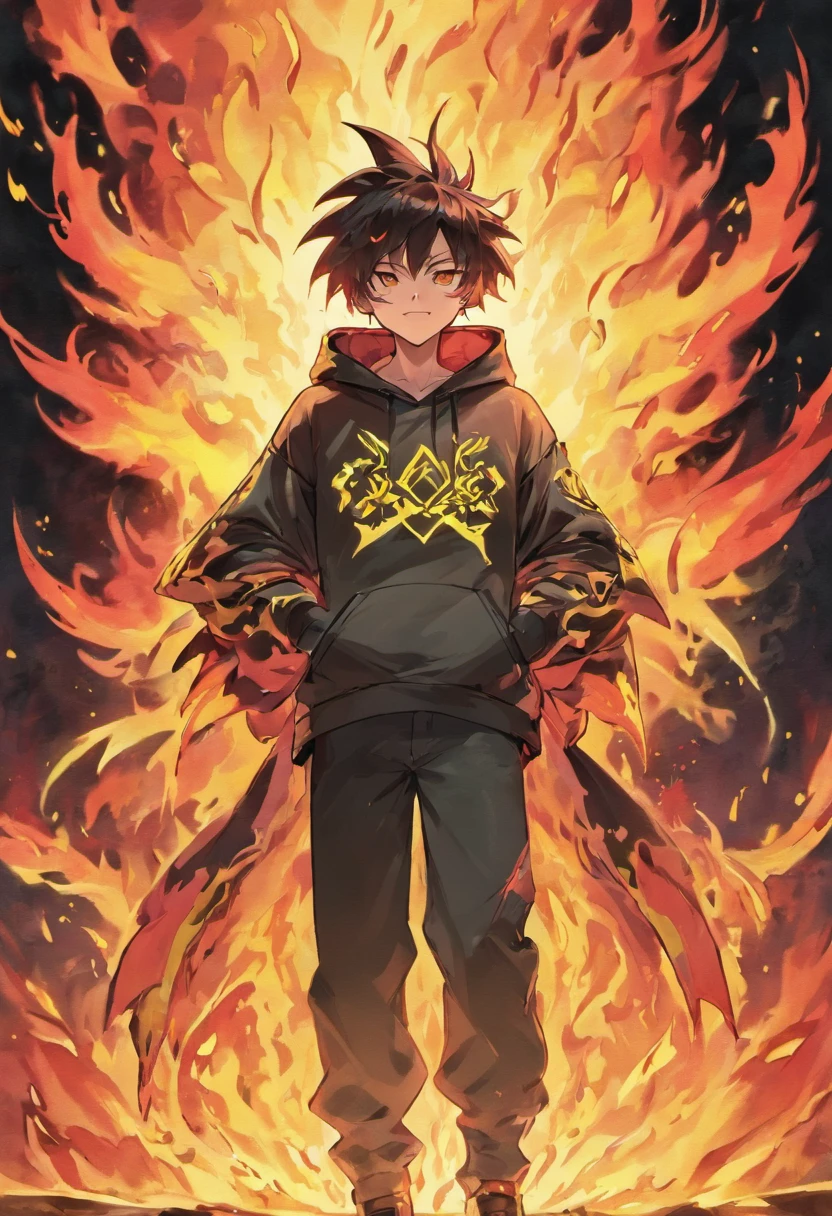 Jamaican God Of Fire In black green and gold Hoodie engulfed in red yellow and Blue Flames with an evil smile