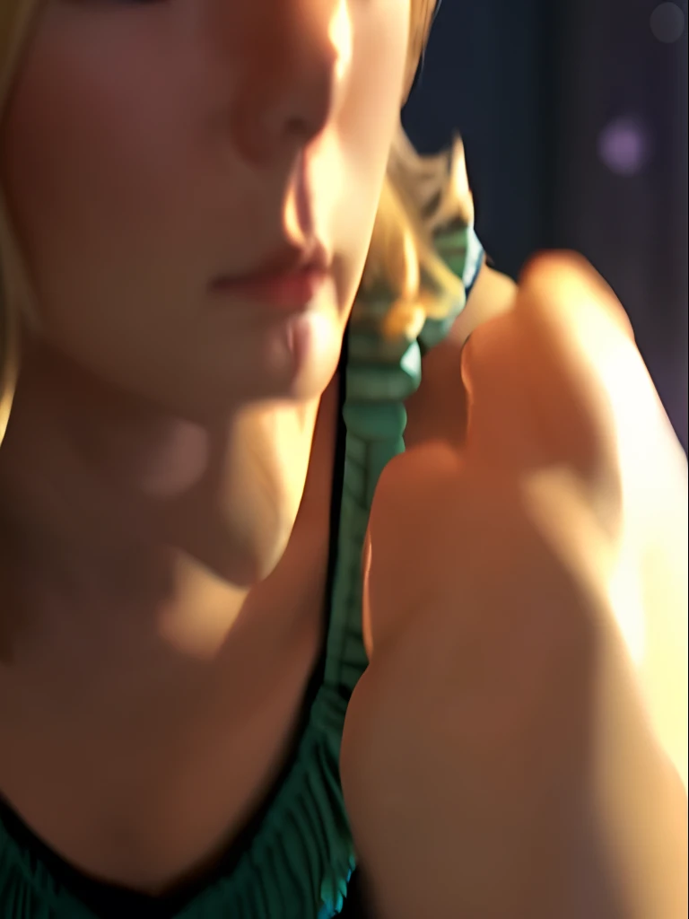 Girl with short ruffled blond hair, wearing short amethyst top, holds a tiny a man in her fist and looks down angrily at him. Giantess. Animation.