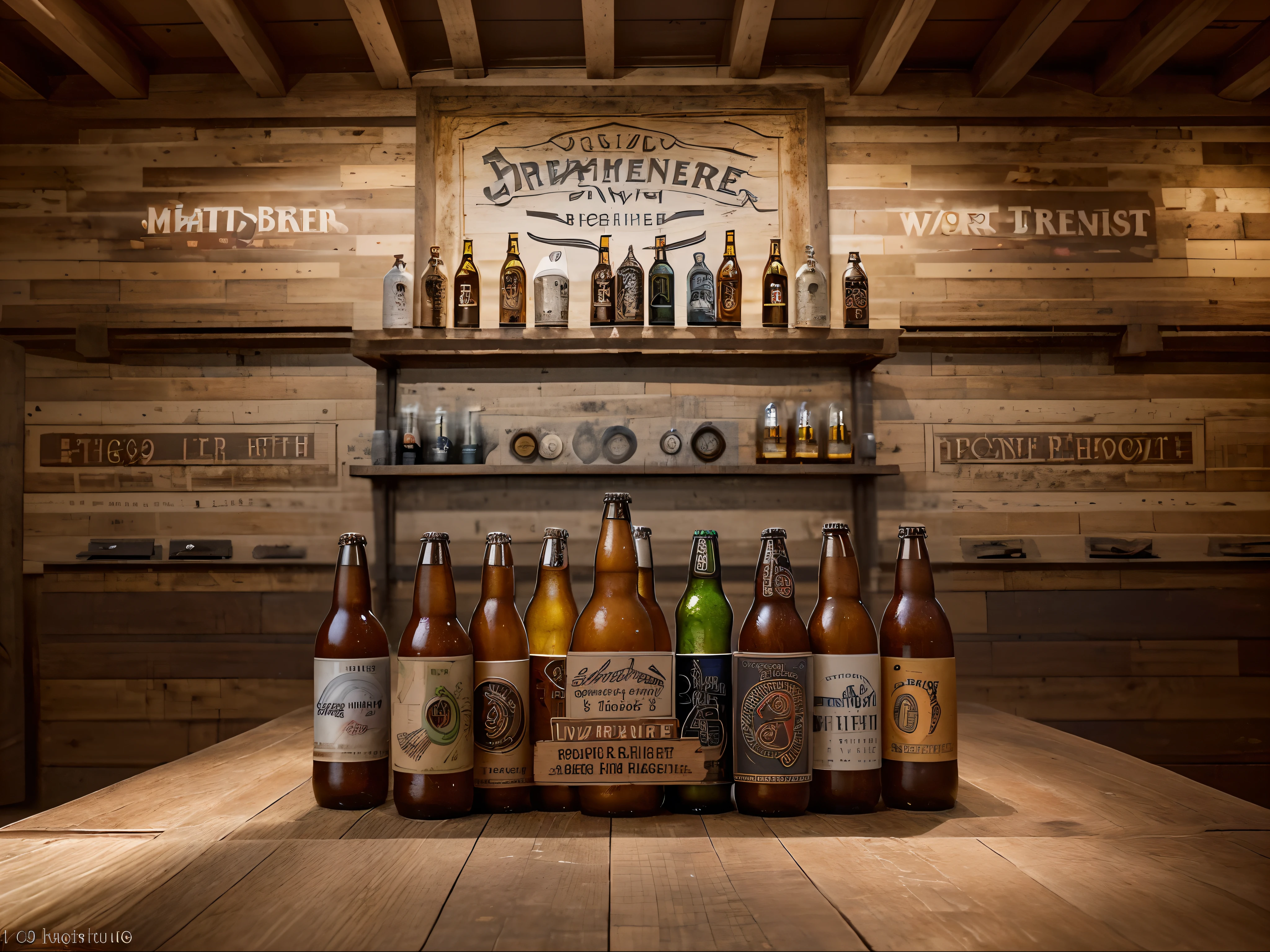 A picturesque arrangement of craft beer bottles is meticulously showcased against a charming backdrop of a rustic brewery, exuding an inviting aura of craftsmanship and flavor. This expertly captured photograph captures the vibrant hues and intricate designs of the bottles, each one telling its own distinct story. The play of light and shadow brings a sense of depth and texture to the image, elevating it to a masterful work of art. The attention to detail in the arrangement, the choice of backdrop, and the impeccable photographic technique result in a visually stunning portrayal that effortlessly transports the viewer into the world of craft beer excellence.