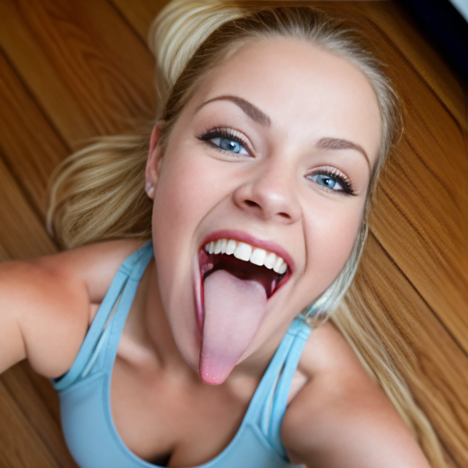 a blonde college girl with her mouth open knelt gracefully on wooden floor, (very big  mouth:1), extreme midday sun, close portrait, toplit, frontlit, seductive, sharp focus, dslr, professional , stunning, very detailed, aesthetic, ultra realistic, wholesome, warm light, tank top, huge cleavage, detailed pupils, detailed eyes, blue eyes, very detailed skin, pretty teeth, extremely detailed eyes and face, beautiful detailed nose,  beautiful detailed eyes,  tounge out, wide smile, happy face