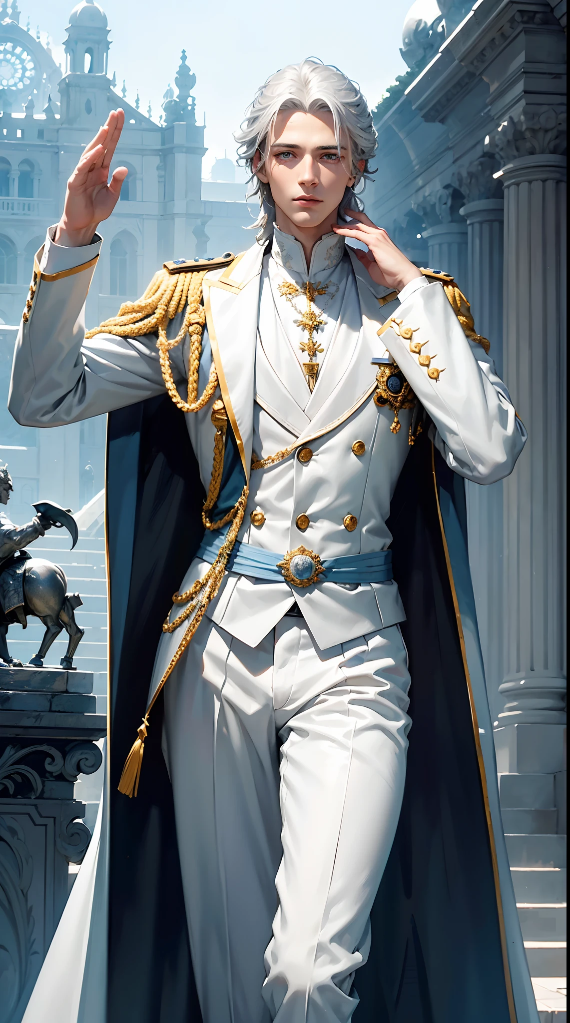 young noble man, silver hair, light blue eyes, tall and handsome body posture, handsome face, European nobleman, white noble uniform, pose holding a rose while saluting the nobleman, mansion background. HD color and balance, dark atmosphere with many effects.