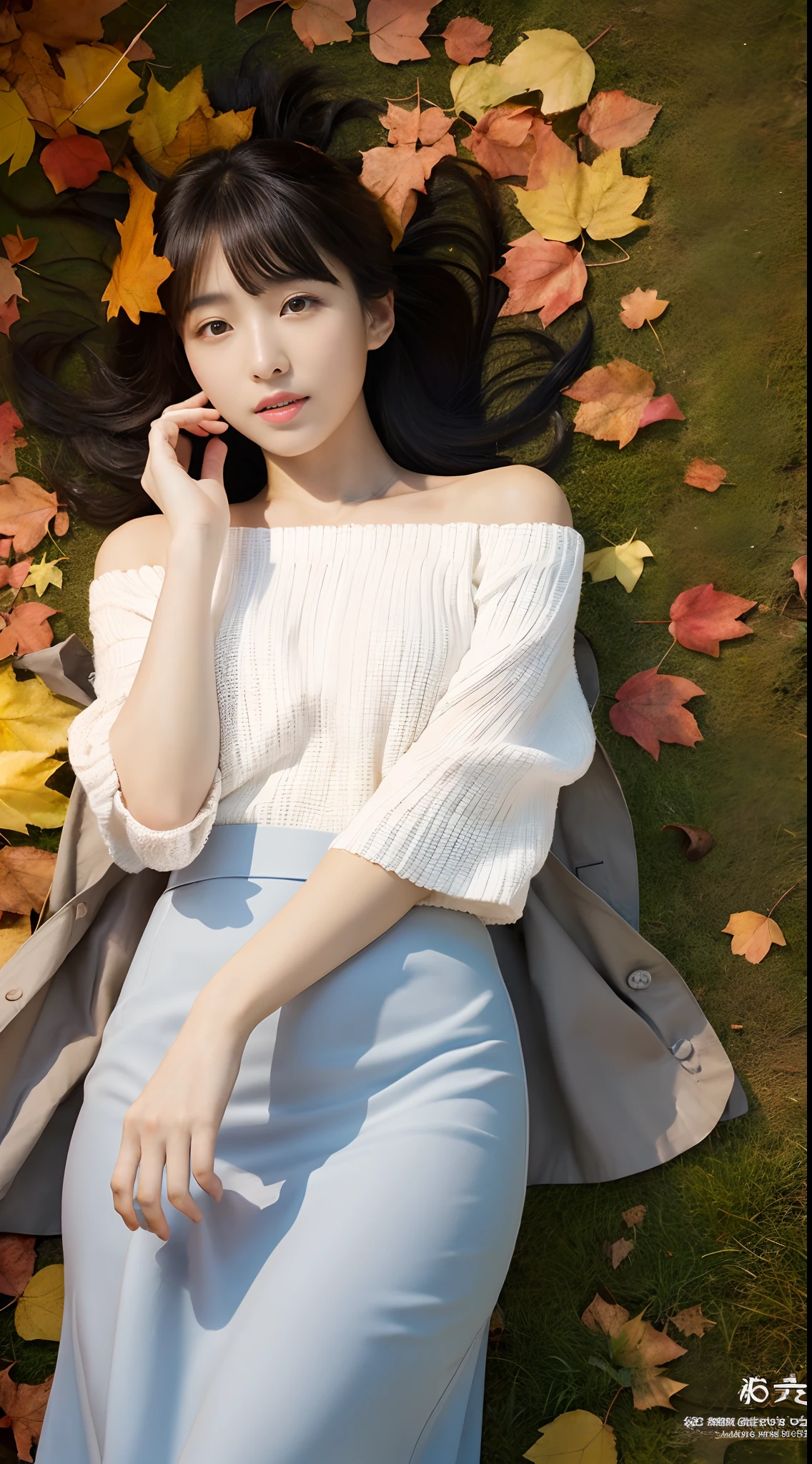 (Official art、Best Quality、Unity 8k Wallpapers、32K、masterpiece、ultra-detailliert、超A high resolution、realisitic、Photorealsitic、Raw photo:1.2)、(Cinematic lighting:1.2)、(Full body)、Fireglow effect、film grains、Best Shadows、Rim lighting、side lights、Full body, Highly detailed background、beauitful face、(super detailed skin、detailed skin textures:1.3)、Close-up of a statue in a field of red leaves, covered with fallen leaves, Red leaves on the ground, Autumn garden, Beautiful Autumn Spirits, covered with leaves, aomori japan, in autumn, red leaves, in japanese garden, in autumn, during autumn, autum, traditional japanese colors, japan nature、(From above、Lie down:1.3)、(outside of house、Floral hair ornament、beauty legs)、thighs thighs thighs thighs、20-year-old beauty、Beautiful black color hair、Blunt bangs、Knitted tops、Maxi skirt、