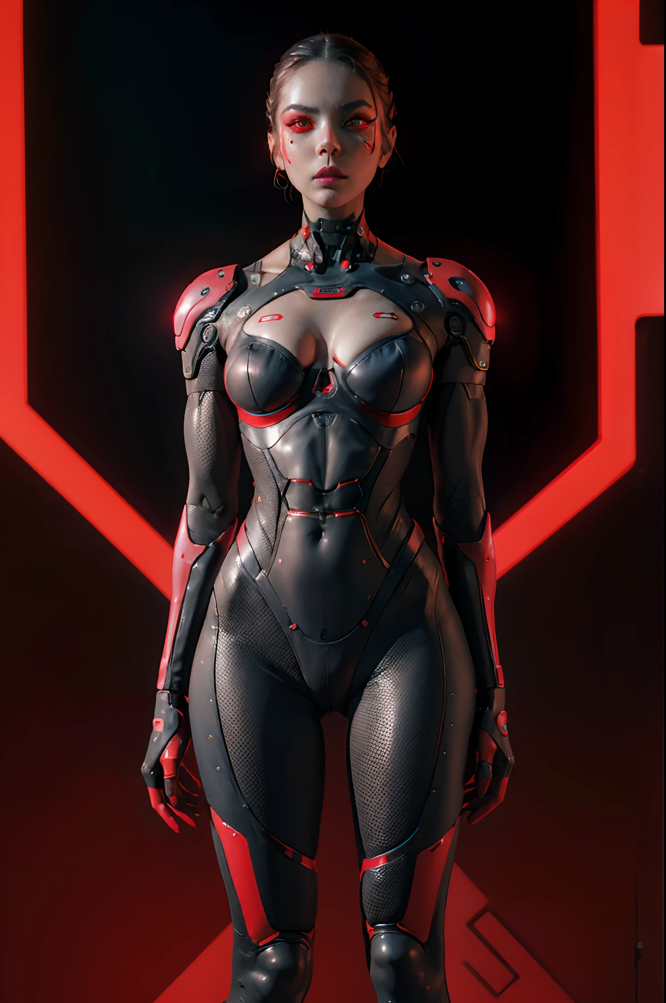 Mujer cyborg con un leotardo futurista, cuerpo perfecto, Piezas de robot, Ojos rojos brillantes, Red Minimal Background, Cara perfecta, aesthetic cyberpunk, Cyberpunk de terror, Darksynth Aesthetics, red neon lights, Neones rojos, Ultra detallado, fotorrealista, Obra maestra.