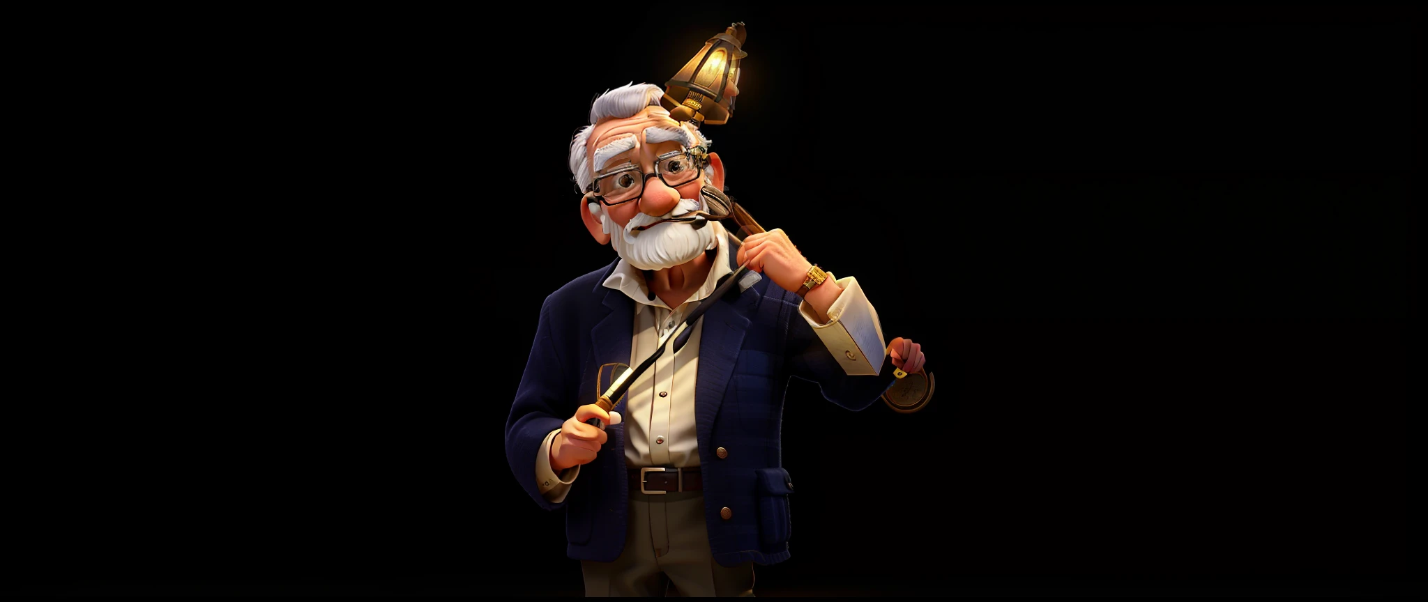 A wise old man standing in front, illuminated by the light of a lamp, against the backdrop of a library