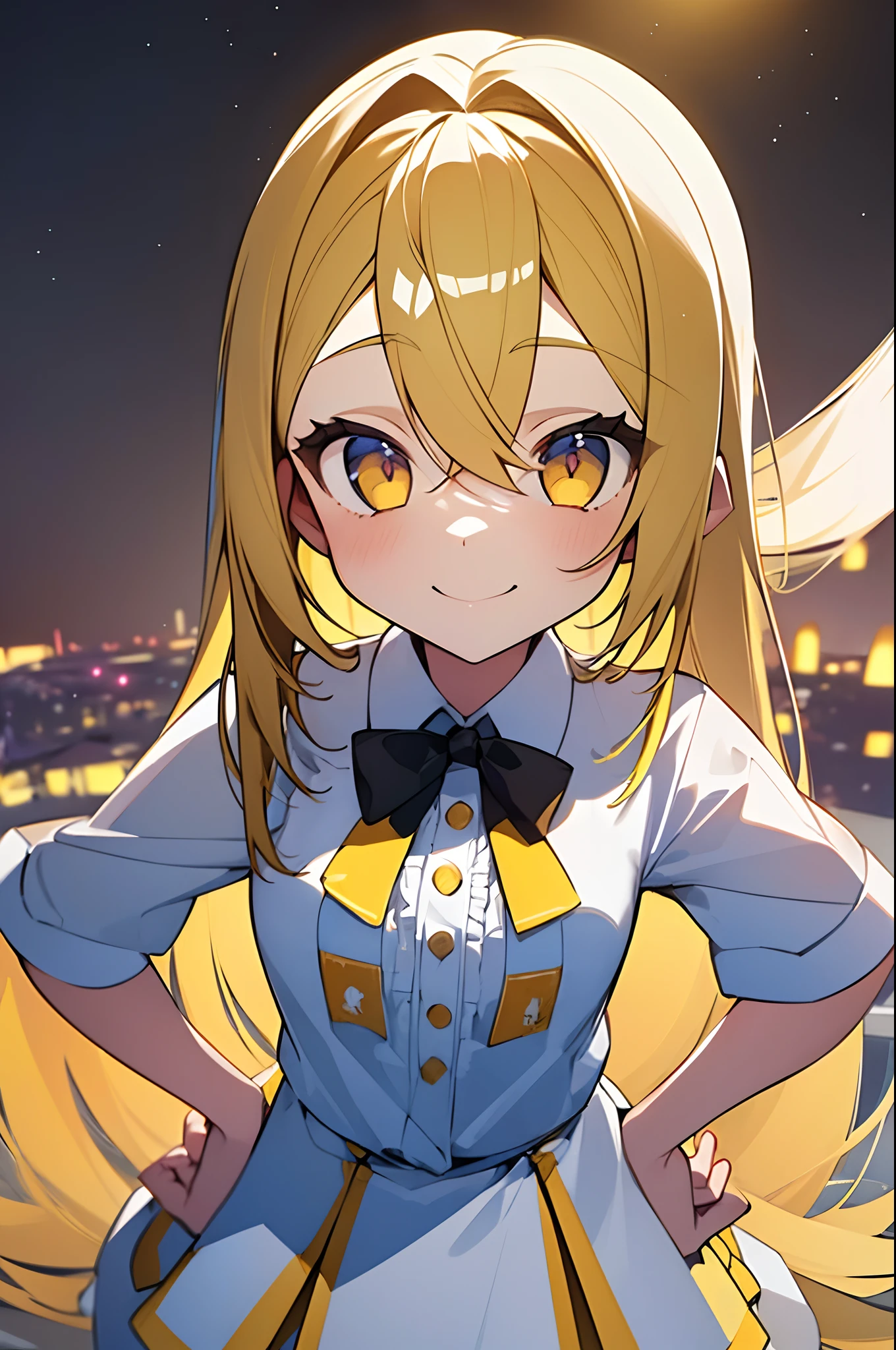 1girl. yellow hair.long hair.short stature. small breast.white t-shirts.skirt. (((masterpiece))).(((best quality))).)((ultra-detailed))).(((illustration))). (((put your hands on your hips))).(((night view))).look from above.smile.