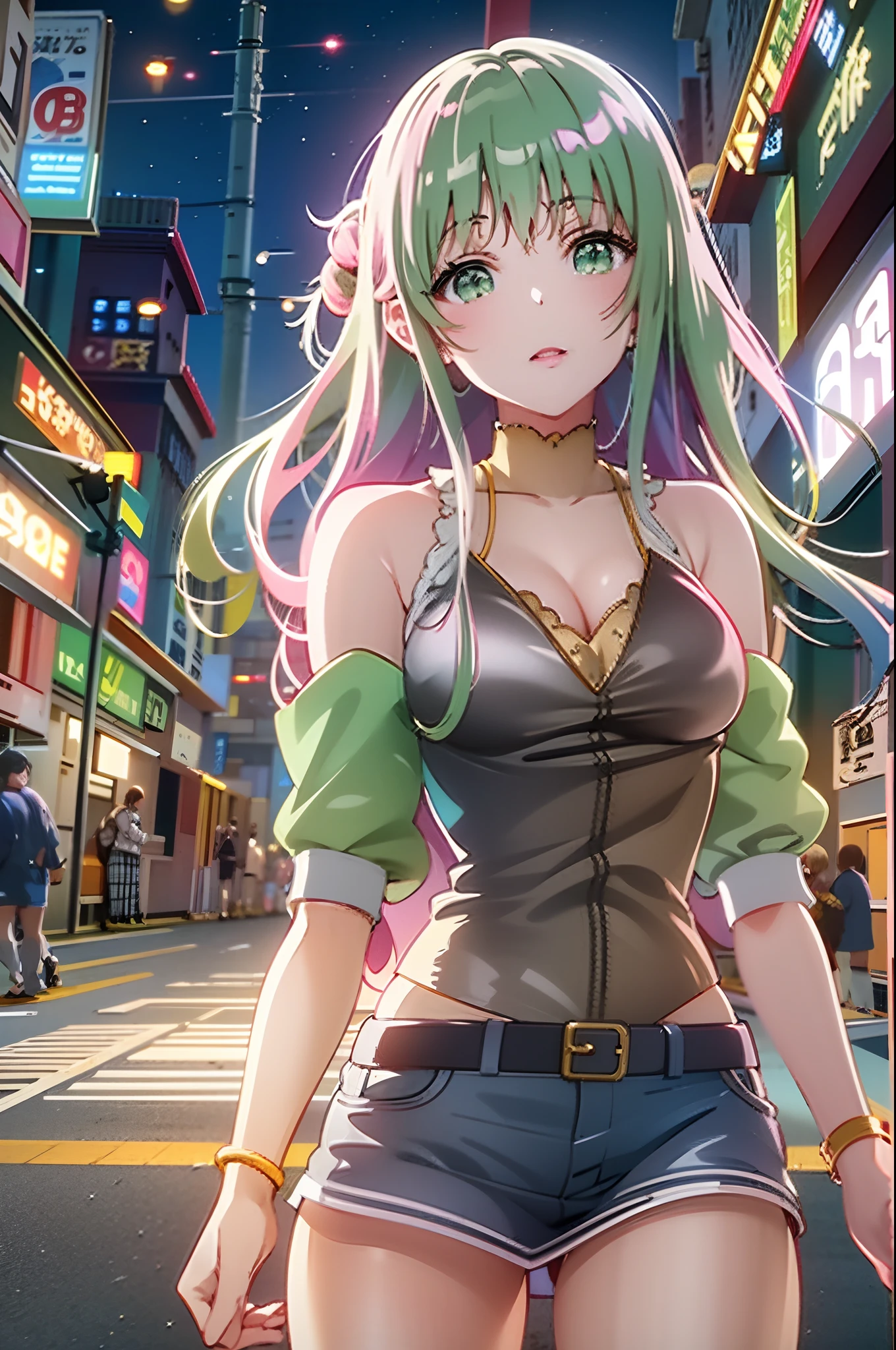 ((c2 from code geass as a hooker wearing booty shorts and cropped sleeveless white turtle-neck while standing on pavement close to road with a seductive expression)). ((fair skinned girl with long, almost waist-length light green hair and golden eyes)), ((nighttime)), (((Prague))),