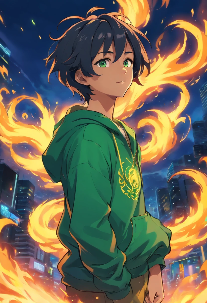 Jamaican God Of Fire In a black, green and gold Hoodie engulfed in blue flames