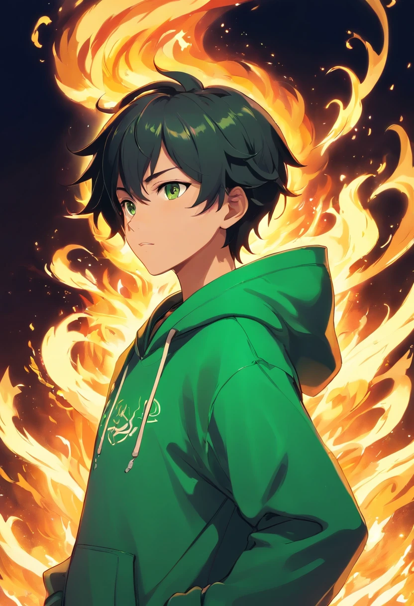Jamaican God Of Fire In a black, green and gold Hoodie engulfed in blue flames