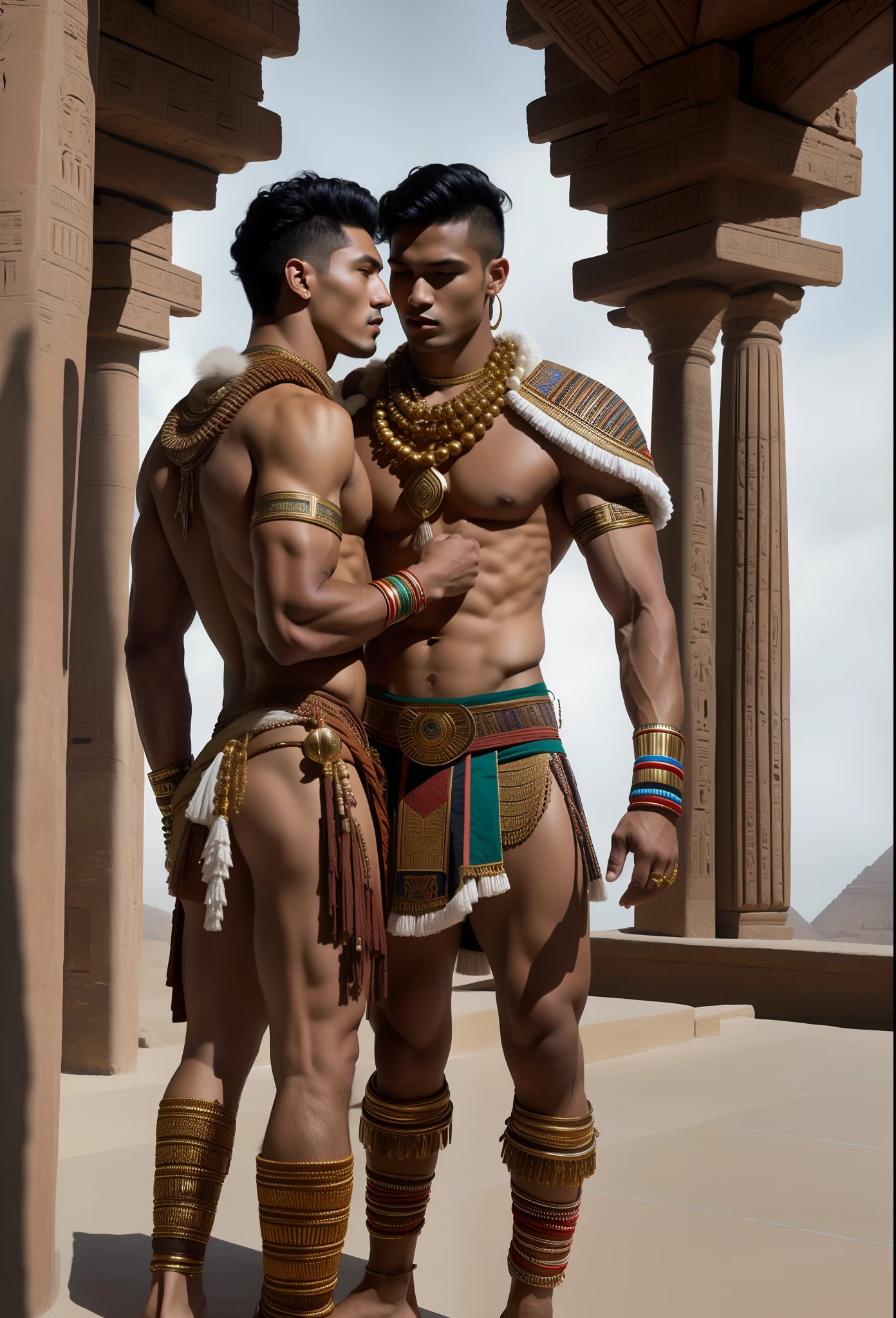 there are two men in native clothing standing together in a building, roberto ferri and ruan jia, inspired by Brothers Hildebrandt, bussiere and roberto ferri, inspired by the Brothers Hildebrandt, muscular men entwined together, two muscular men entwined, brown skin man egyptian prince, gay, wearing loincloth, egyptian clothing, incredibly handsome