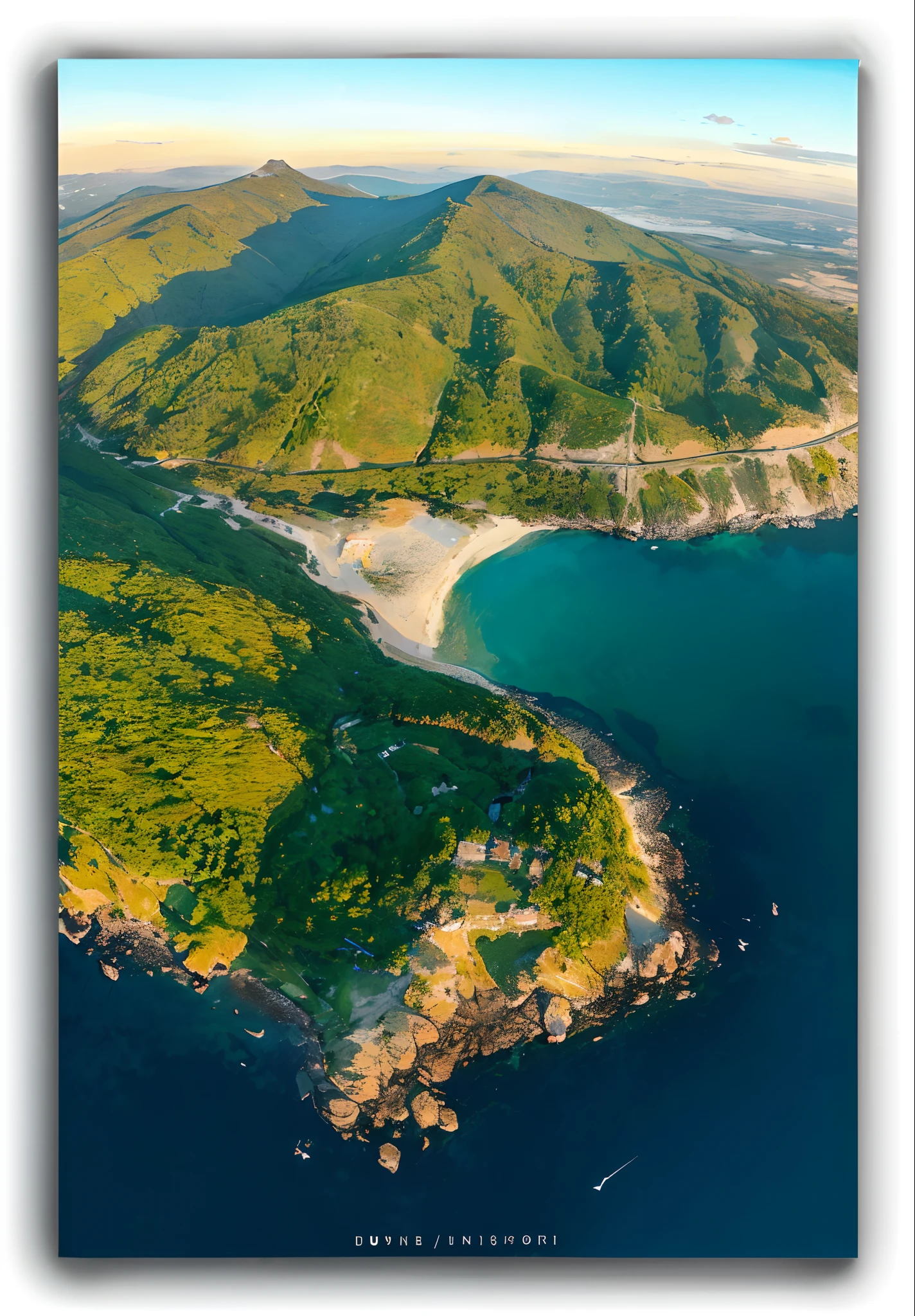 aerial view of a beach and a body of water with a mountain in the background, from above, by Kamagurka, seen from above, aerial photography, above view, view from above, viewed from bird's-eye, by Liu Haisu, viewed from above, by Aleksander Gierymski, photograph from above, morning glow, view from slightly above