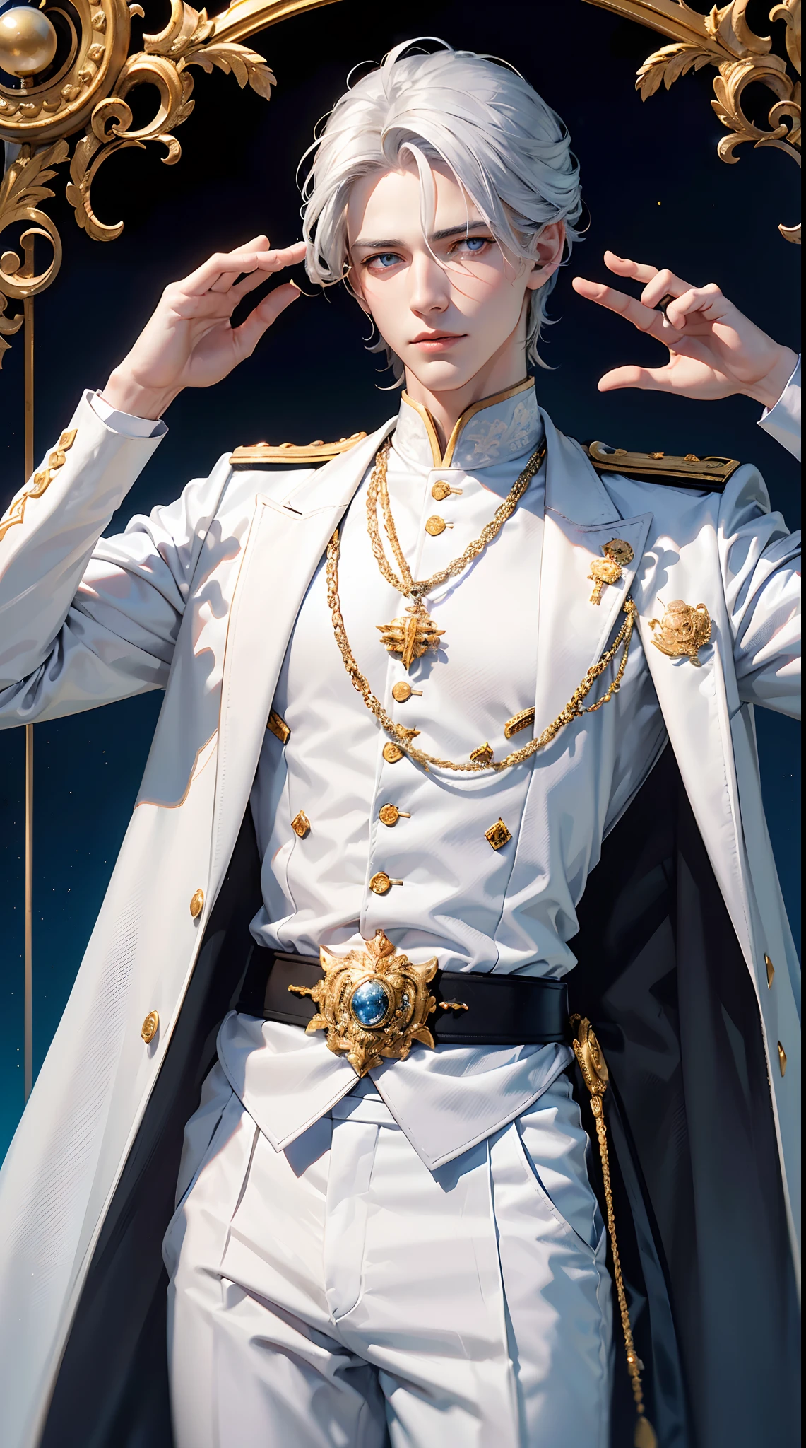 young noble man, silver hair, light blue eyes, tall and handsome body posture, handsome face, European nobleman, white noble uniform, His shirt has a royal unicorn logo on it. pose holding a rose while saluting the nobleman, mansion background. HD color and balance, dark atmosphere with many effects.