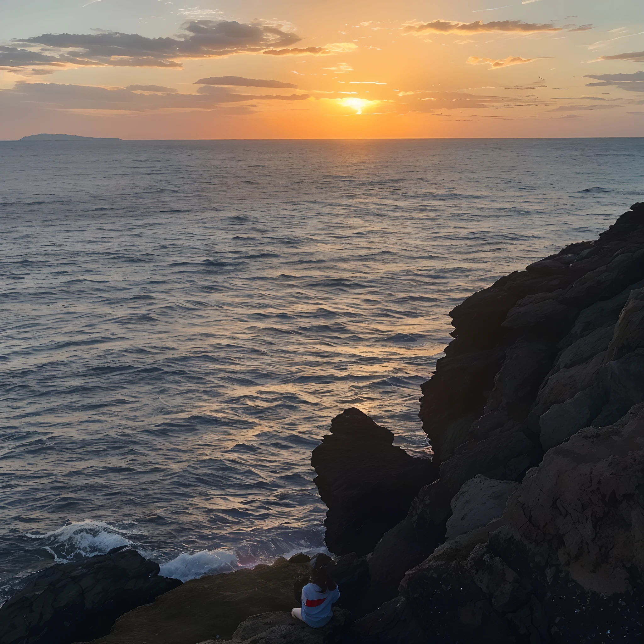 Alafi sat on a rock，Overlooking the sea at sunset, sunset kanagawa prefecture, late sunset, late sunset, Sunset view, author：Tom Wenerstrand, looking out at a sunset, looking out at a sunset, as the sun sets on the horizon, taken on iphone 14 pro, Sunset in the background, taken on iphone 1 3 pro