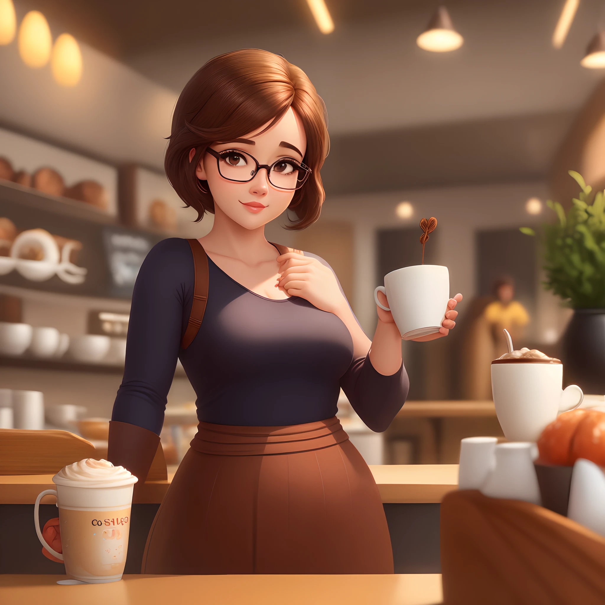 crie uma imagem no estilo Disney Pixar com o seguinte personagem: mulher de pele morena, um pouco gorda, Brown-eyed wearing glasses, com cabelos compridos cacheados na cor castanho escuro, Holding a cup of coffee in a bistro.