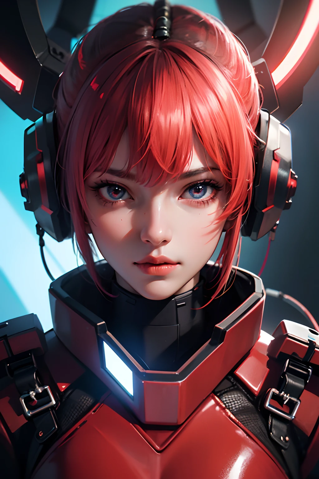 <lora:cybergo:0.8>, saibo, cyberpunk, 1girl, red pixie cut, coral eyes, (closed eyes:1.2), smile expression, masterpiece, 8k, high resolution, shallow depth of field, sharp focus
