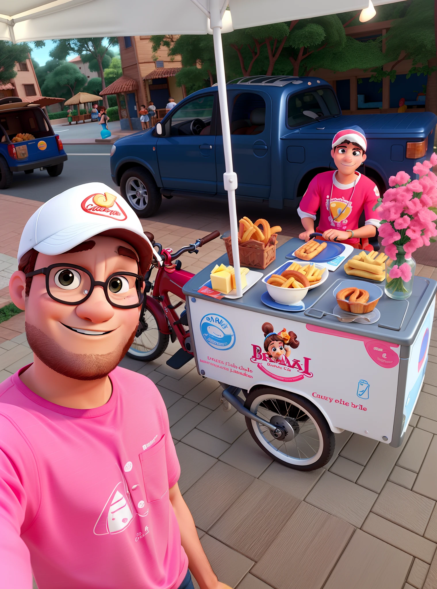 Um homem branco e uma mulher branca com Food bike de churros estilo Disney Pixar Alta qualidade, melhor qualidade