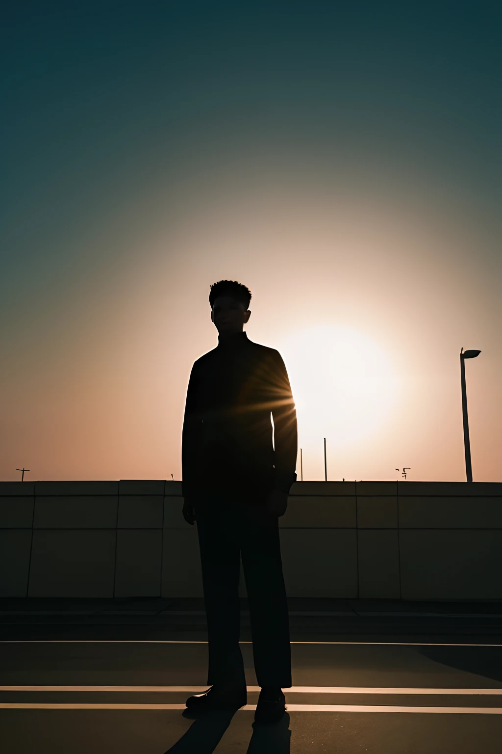 Capture the scene with a full-body shadow of a standing man stretching long on the ground。The sun is low in the sky.、His posture is full of confidence.The background is a dark city、His shadow is clearly visible。