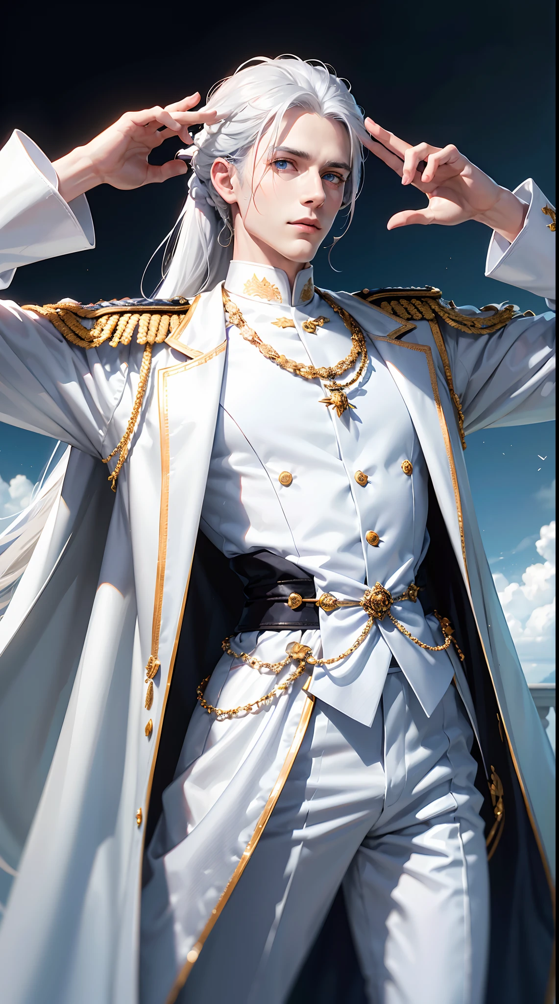 young noble man, silver hair, light blue eyes, tall and handsome body posture, handsome face, European nobleman, white noble uniform, His shirt has a royal unicorn logo on it. pose holding a rose while saluting the nobleman, mansion background. HD color and balance, dark atmosphere with many effects.
