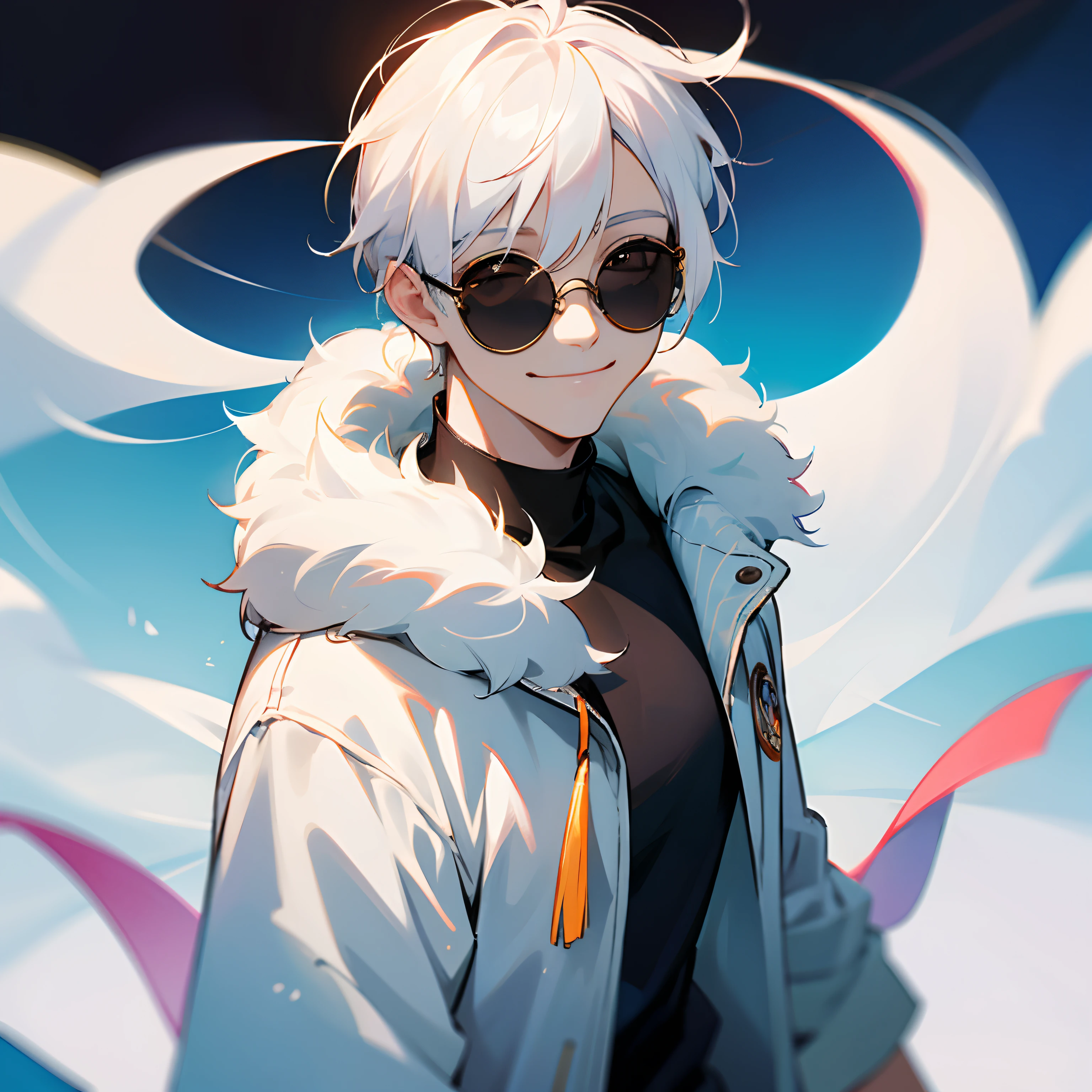 white hair, gojo, round sunglasses, casual clothes, smile, infinite void, guy