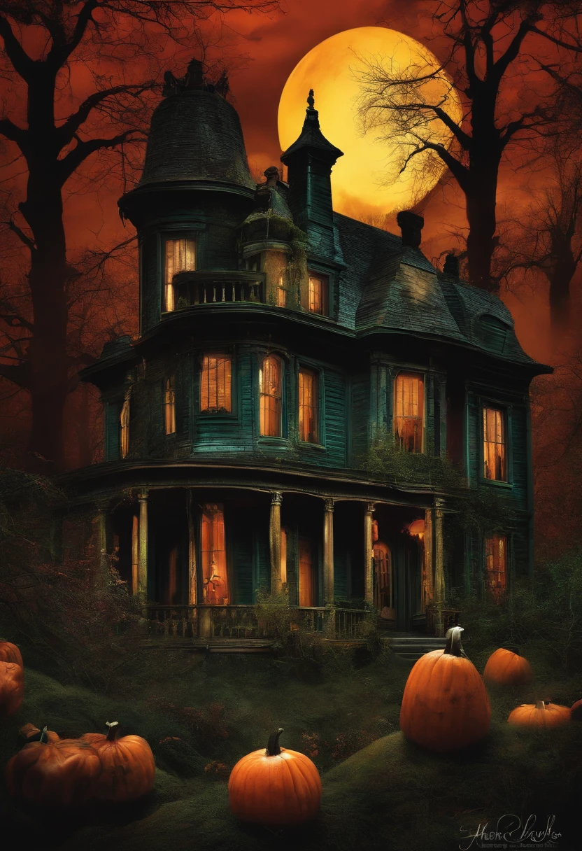 a haunted house , contain within a sphere glass bottle, Anthropomorphic ahave house of the dead in a bottle  zombies .