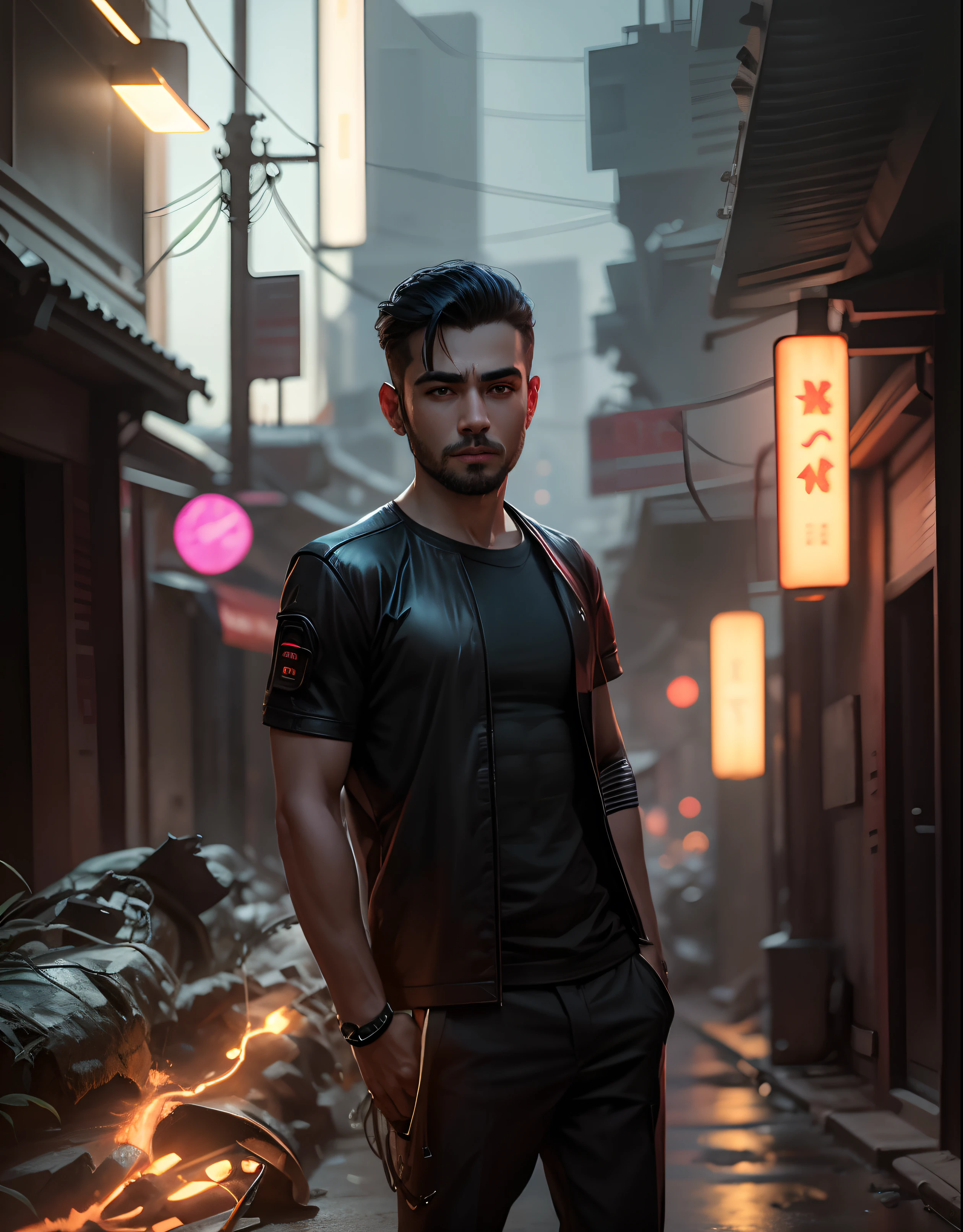 Chang background cyberpunk handsome boy LED LIGHT realistic face baat quality