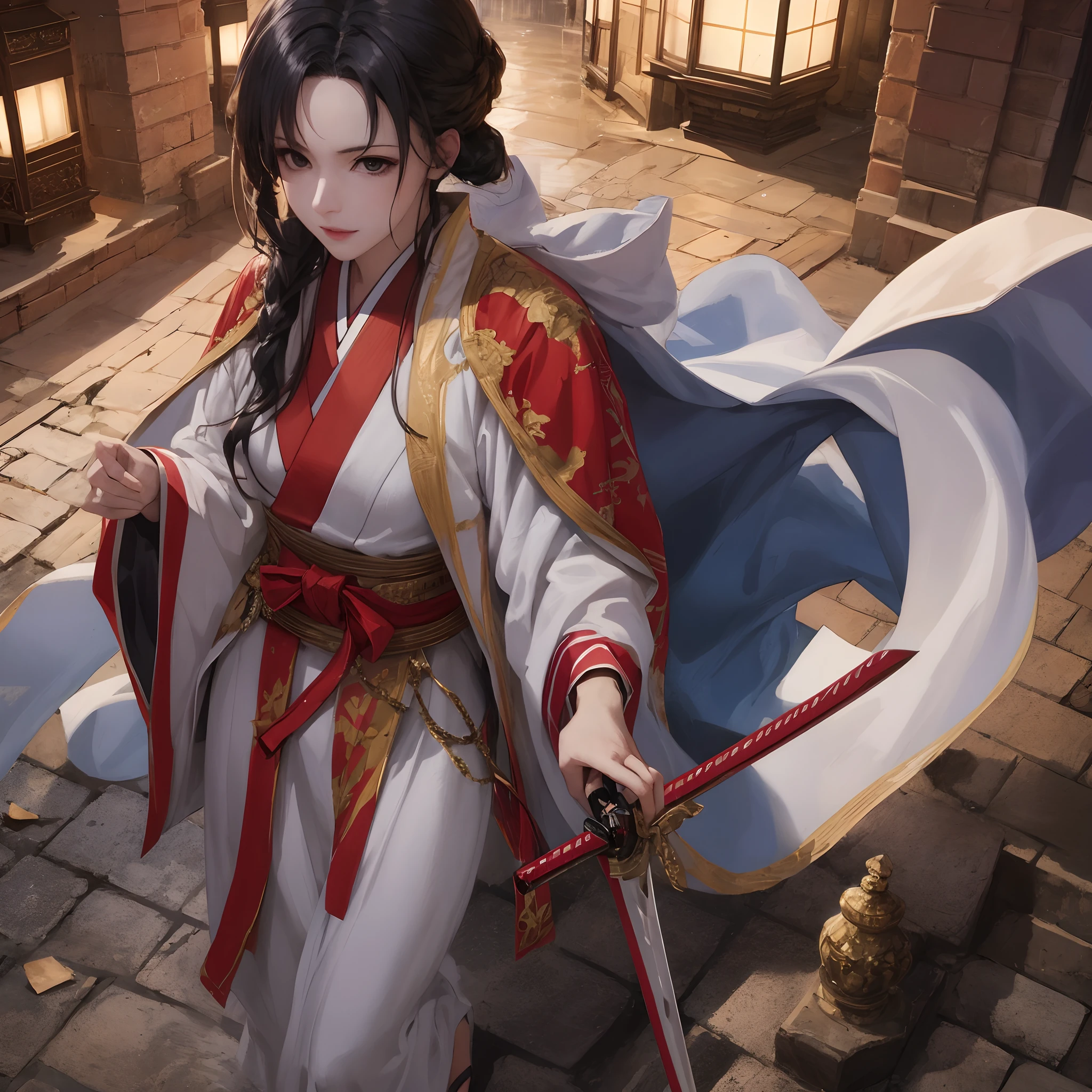 masterpiece, best quality, ultra-detailed, extremely detailed, 4K, 8K, best quality, beautiful, look down from above, full body focus, night, Starry sky, Asuna, SAO, warrior, beautiful black hair, beautiful black eyes, beautiful eyes, Japanese sword, triumphant look, smug look, self-satisfied look
