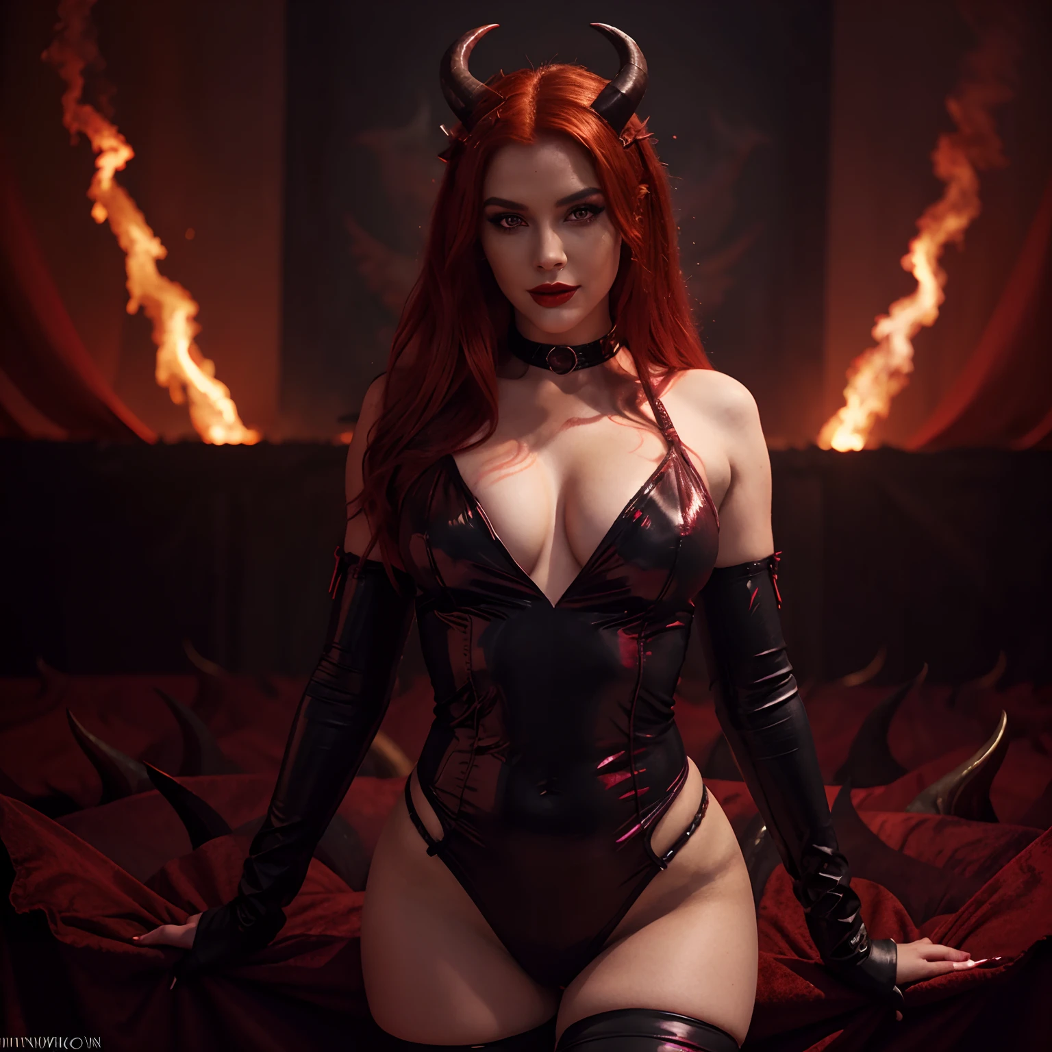 girl, devilish costume, detailed horns, fiery eyes, seductive smile, flowing red hair, vibrant red lipstick, glamorous makeup, confident pose, dynamic background, dark atmosphere, intense lighting, high-quality digital illustration, vivid colors, fantasy style, demonic elements
