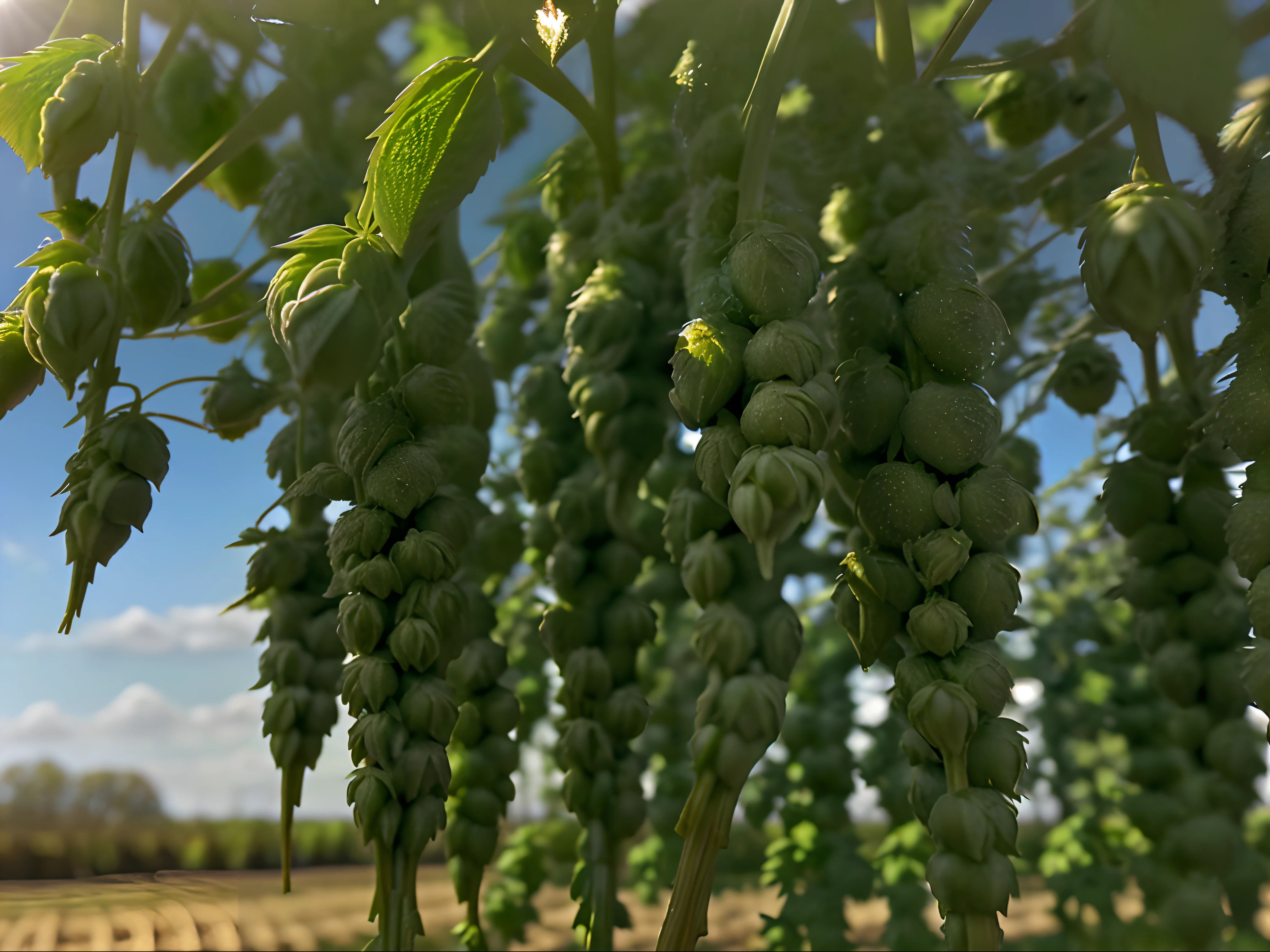 A close-up of hops glistening in the sunlight on a farm.