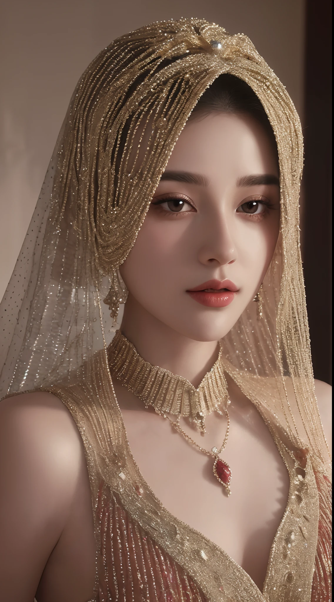 a close up of a woman wearing a gradient red crystal jewel veil and a gold head piece, stunning digital illustration, face covered in beautiful veil,4k highly detailed digital art, beautiful digital artwork, arabian beauty, beautiful digital illustration, 8k stunning artwork, 8k high quality detailed art, intricate wlop, detailed beauty portrait, arabian princess, detailed beautiful portrait, beautiful art uhd 4 k