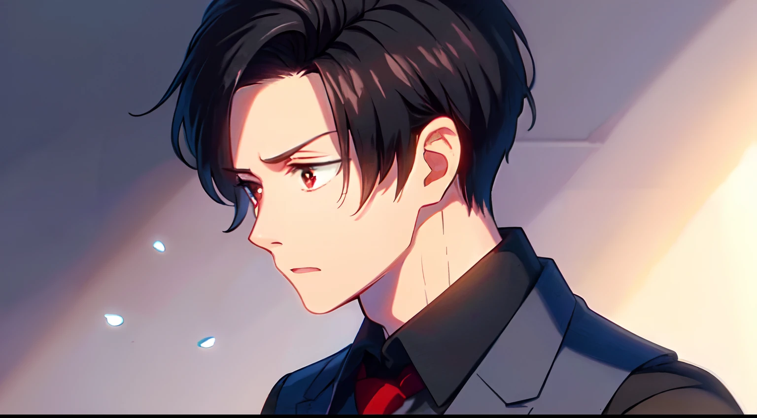 masterpiece, (1Man), luci, red eyes, black hair,(black shirt), (red necktie), (red vest), (surprised, sad), (side view), white background