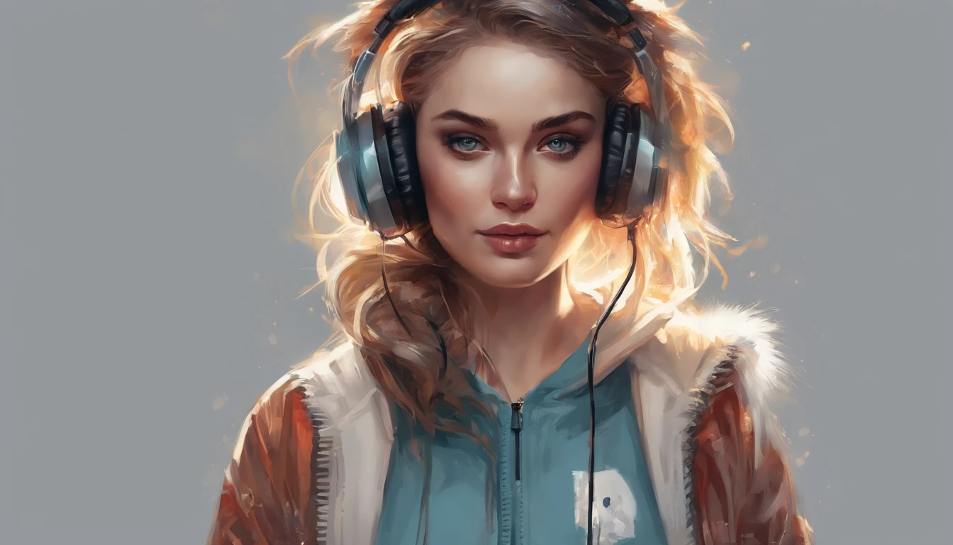 Perfect centering, Cute kitten, Wear a student team jacket, Wearing headphones, cheerfulness, Standing position, Abstract beauty, Centered, Looking at the camera, Facing the camera, Approaching perfection, Dynamic, Highly detailed, Smooth, Sharp Focus, 8K, hight resolution, Illustration, art by carne griffiths and wadim kashin, White background, The upper part of the body