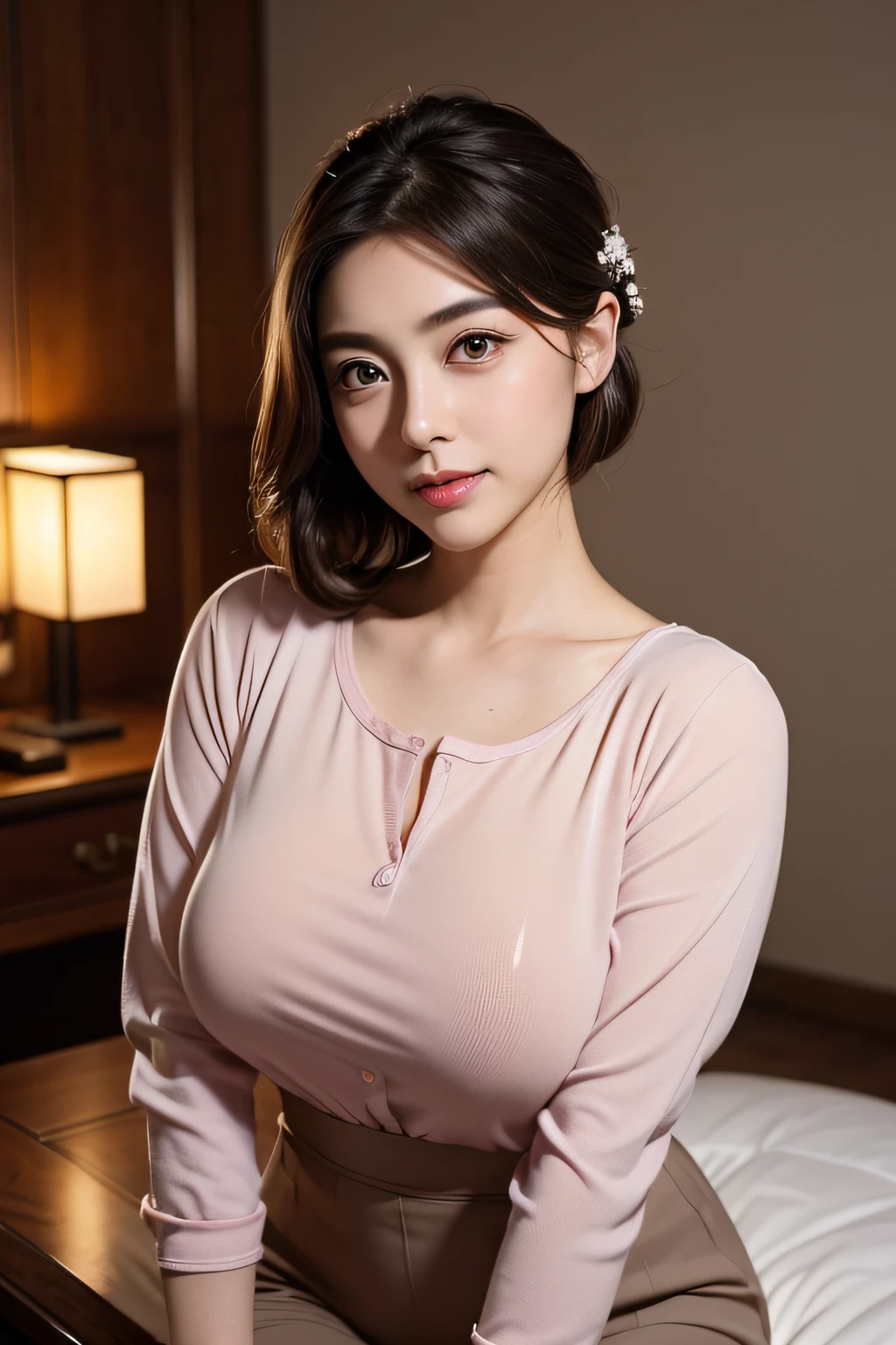 Japan Married Woman、50 generations、Delicate facial features、(Big eyes:1.4), Brown-eyed、Brunette Short Bob、Toothy smile、(large full breasts)、(Curve:1.3), a captivating gaze、Office at night、See-through grey shirt、Pink micro mini skirt、Realistic backgrounds and accessories、Celebrity Interiors、Standing Sexy Pose、Cowboy Shot、(Advanced depth of field)、((masterpiece))、((top-quality))、a picture、Realisticity、high-level image quality、ultra-detailliert、Realistic lighting